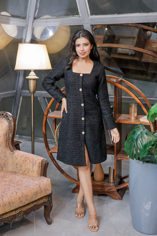Black fabric tweed dress with square neck ESWDR0026-BLKSQ