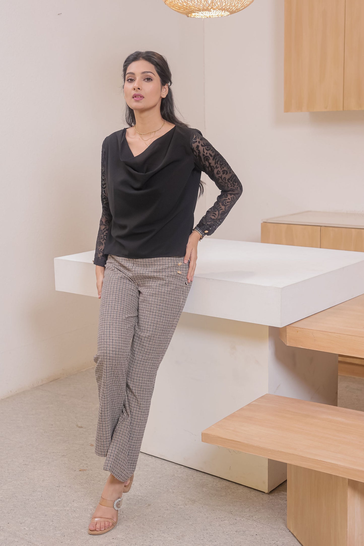Black cowl top with black transparent sleeves - esseneur.