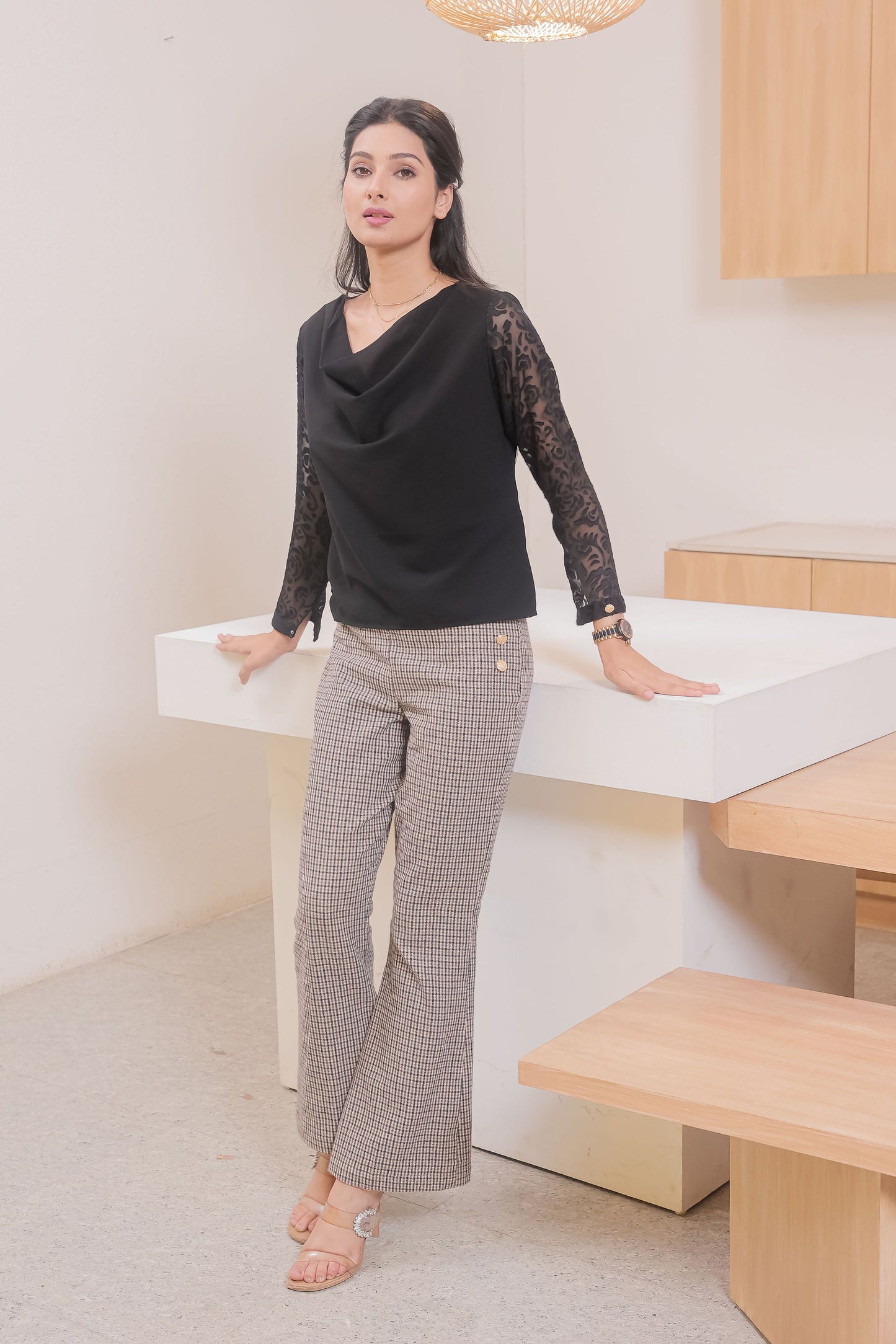Black cowl top with black transparent sleeves - esseneur.