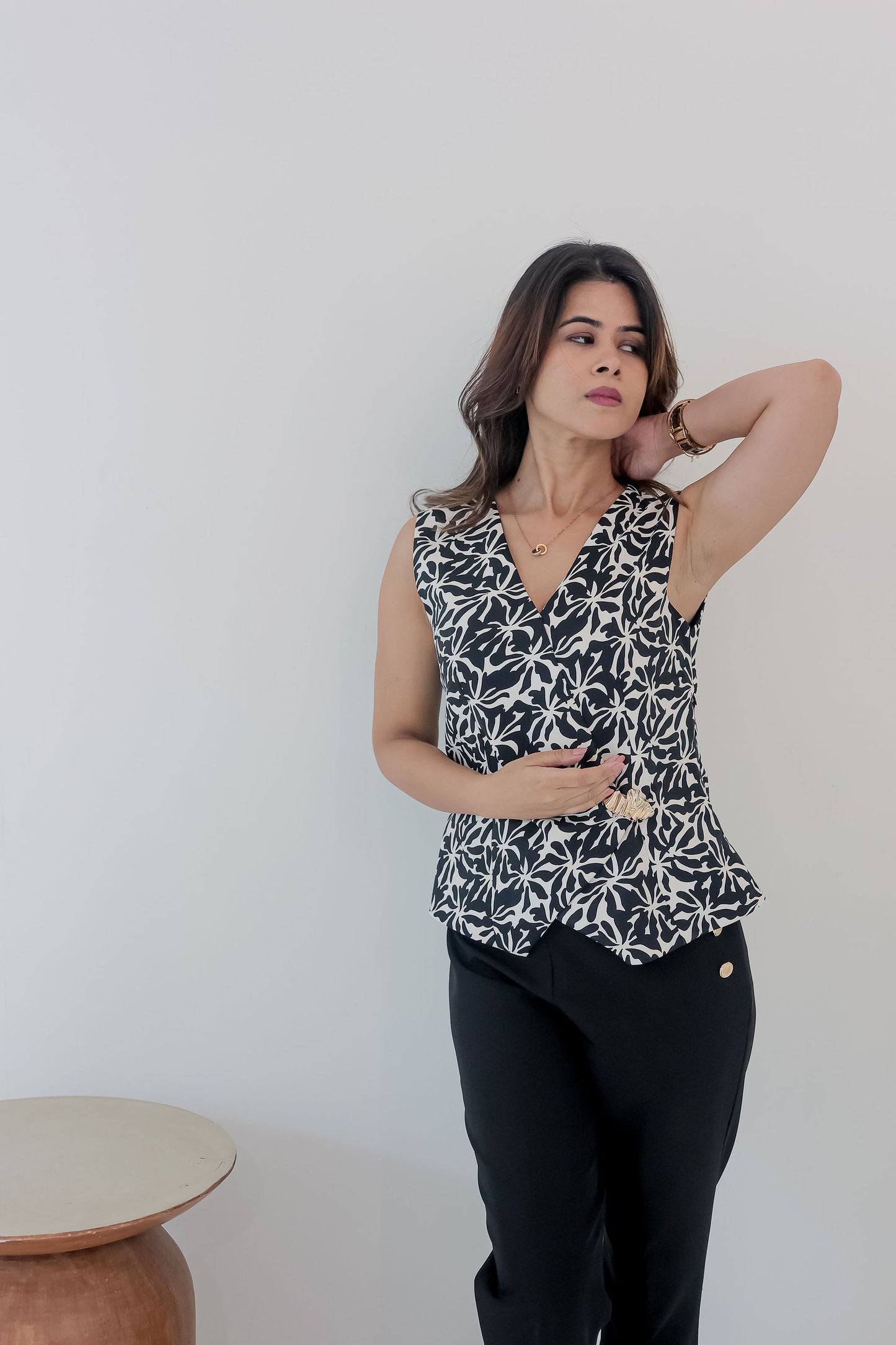 Black pants with printed black waistcoat top-Esseneur