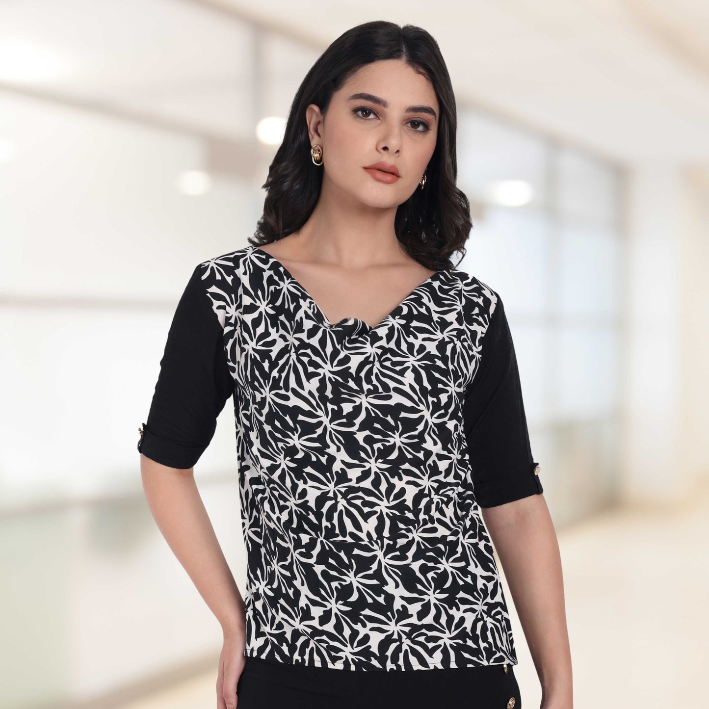 Black printed cowl neck top with black quarter sleeves - esseneur.