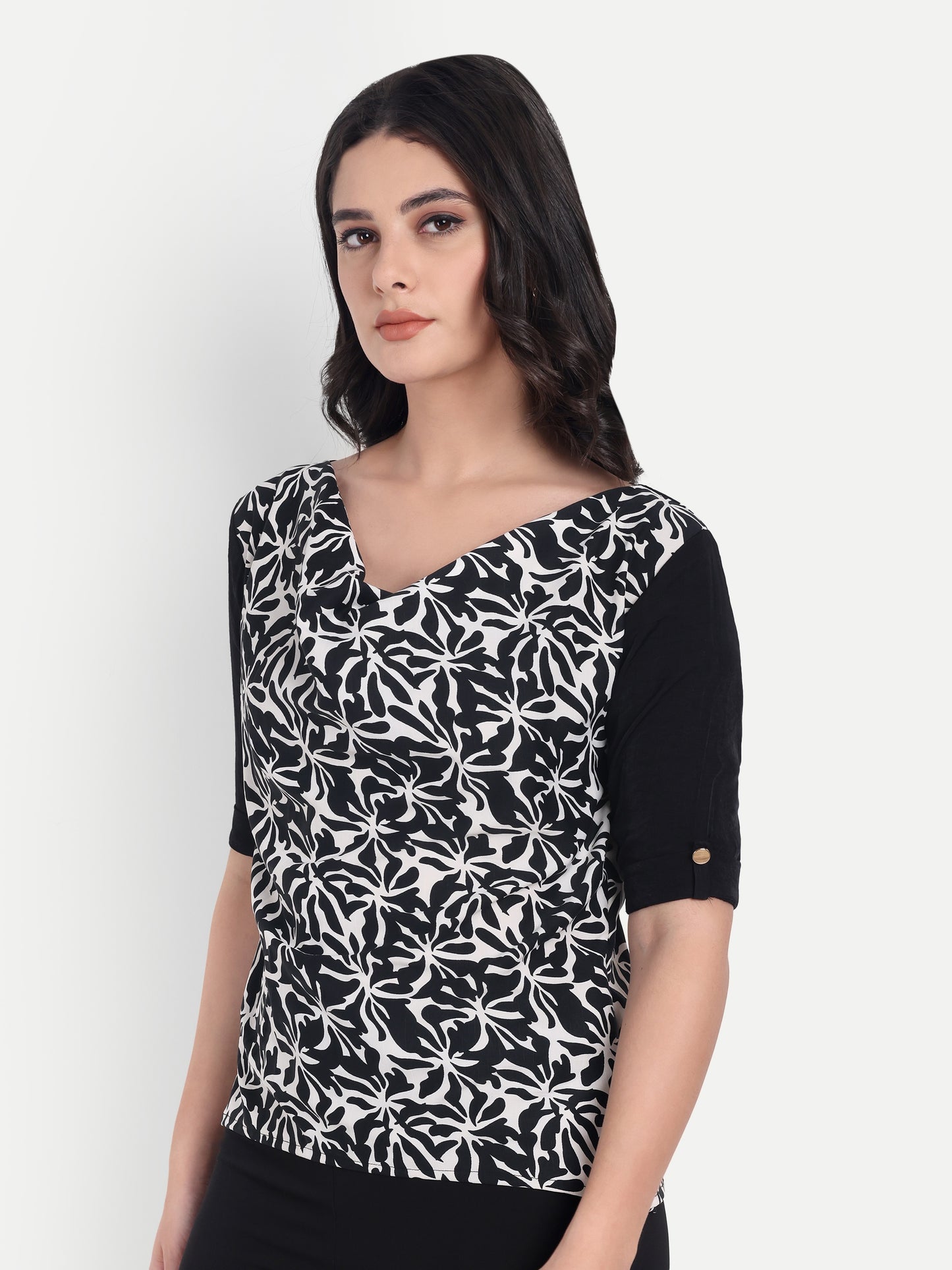 Black printed cowl neck top with black quarter sleeves - esseneur.