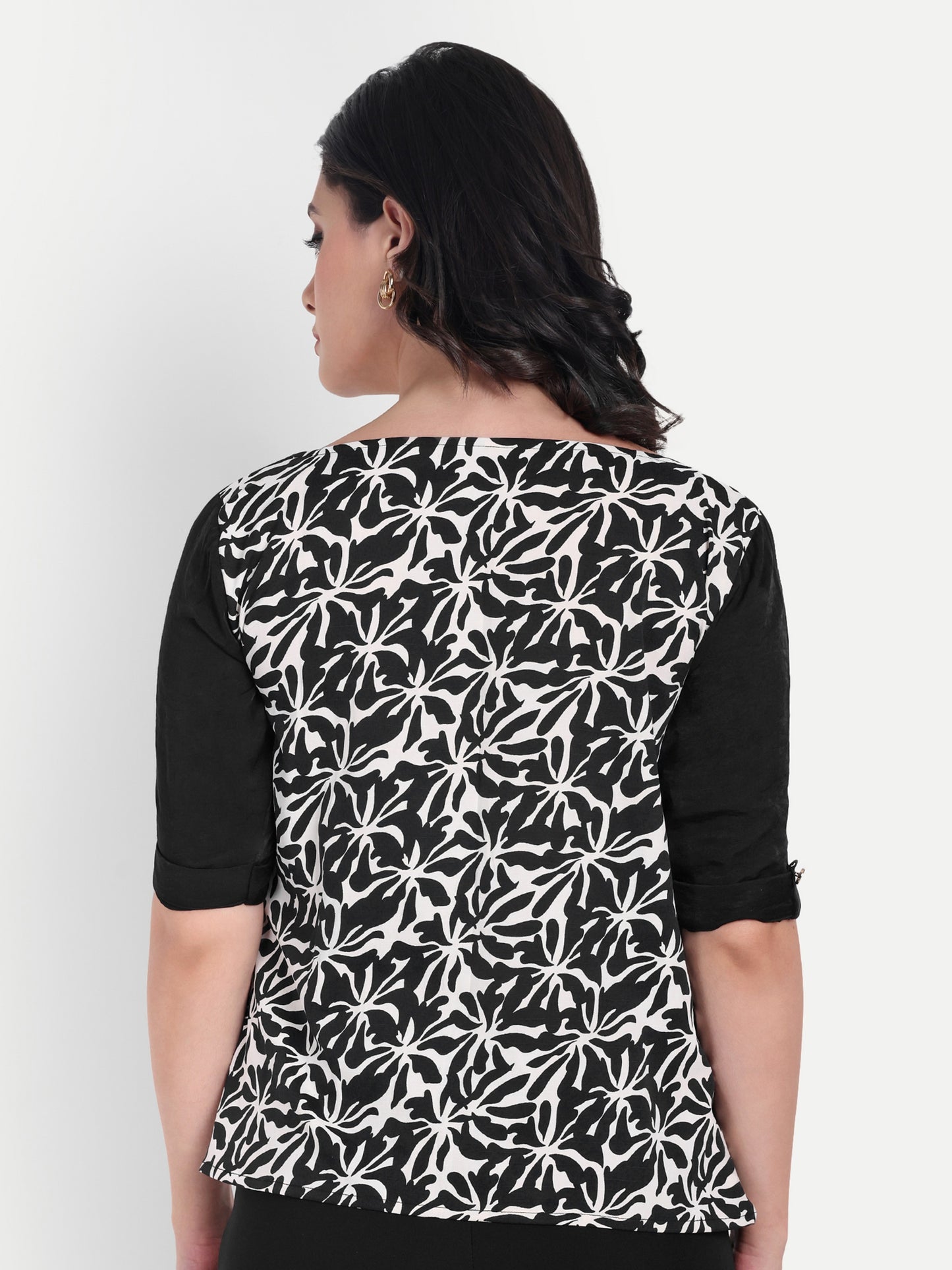 Black printed cowl neck top with black quarter sleeves - esseneur.