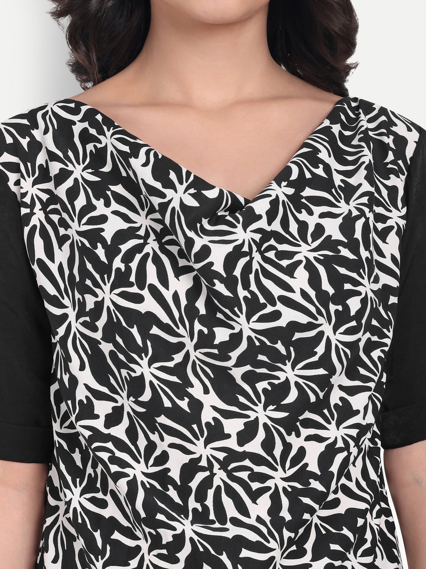 Black printed cowl neck top with black quarter sleeves - esseneur.