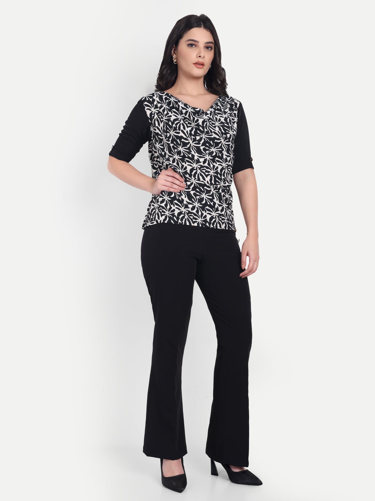 Black printed cowl neck top with black quarter sleeves - esseneur.