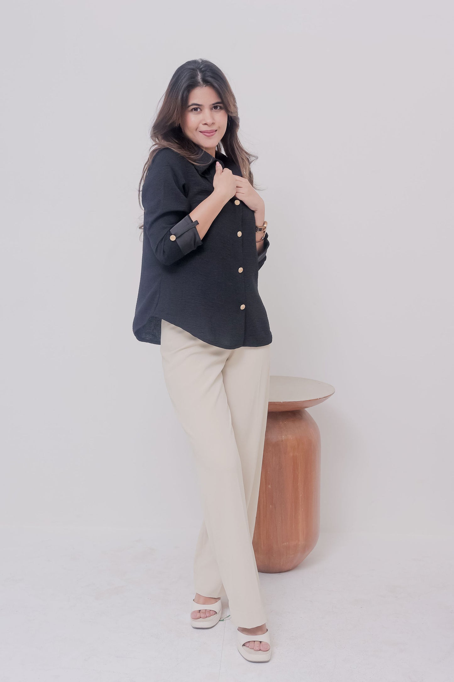 Black linen shirt with gold buttons-Esseneur