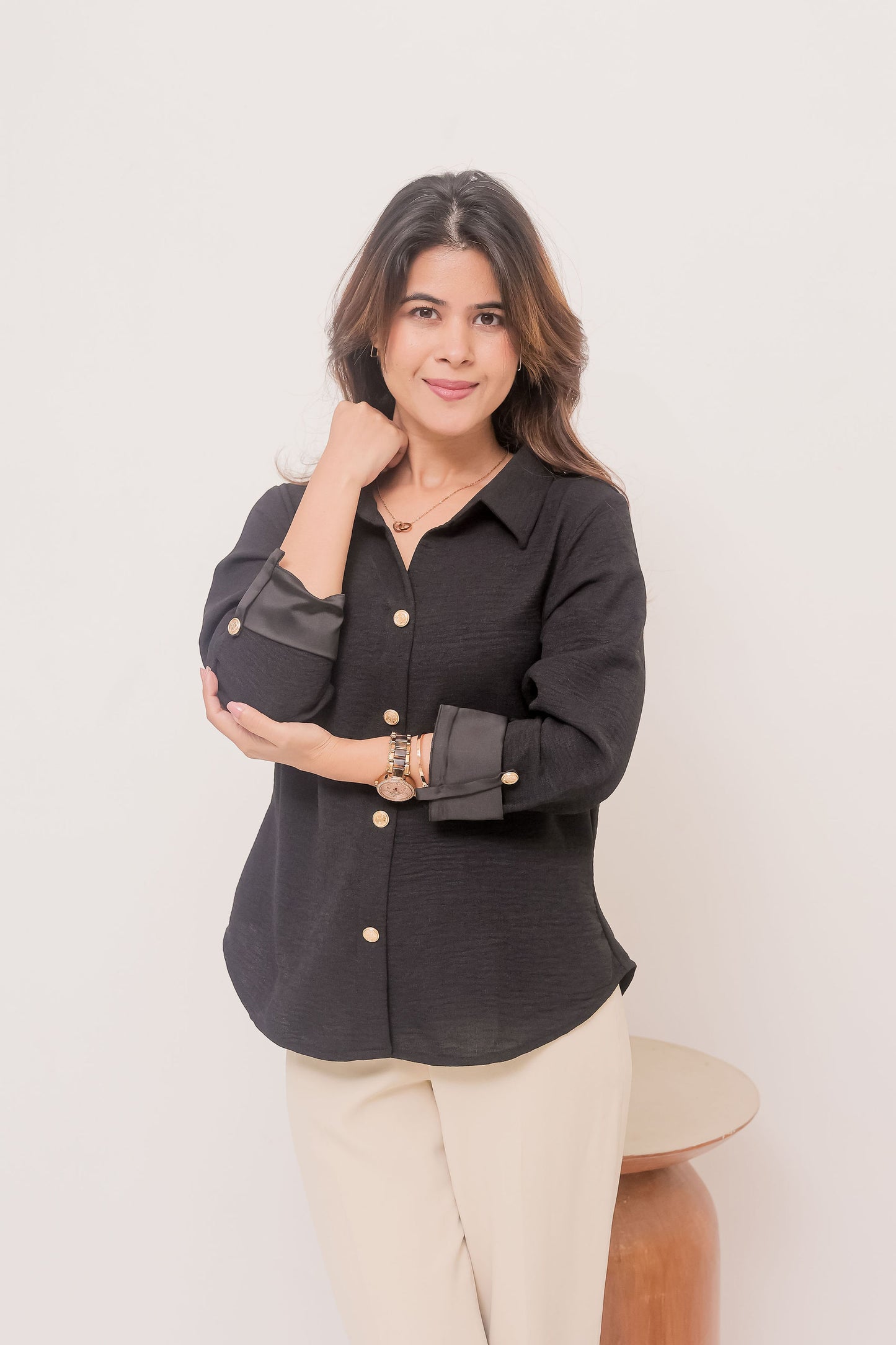 Black linen shirt with gold buttons-Esseneur
