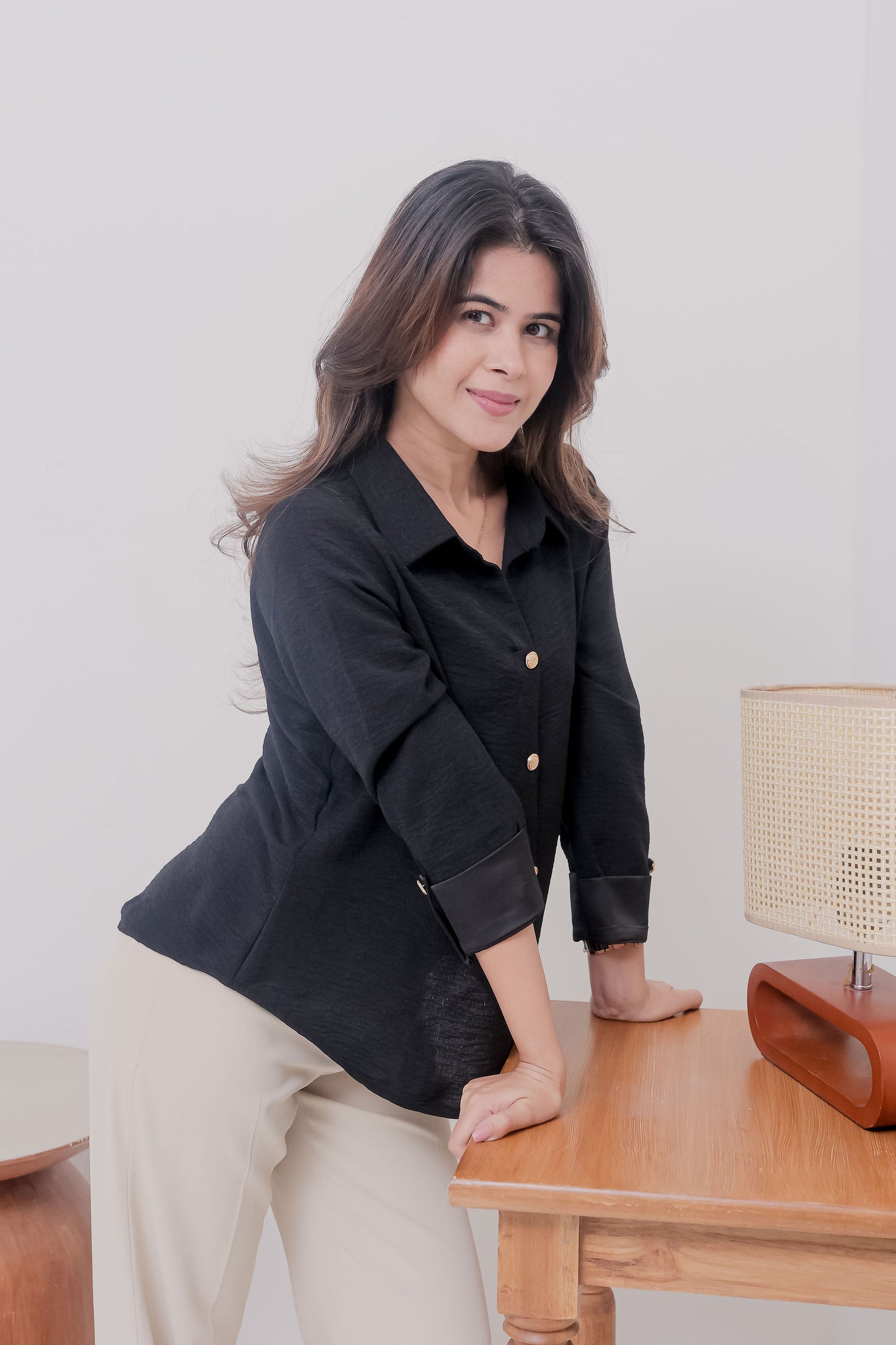 Black linen shirt with gold buttons-Esseneur