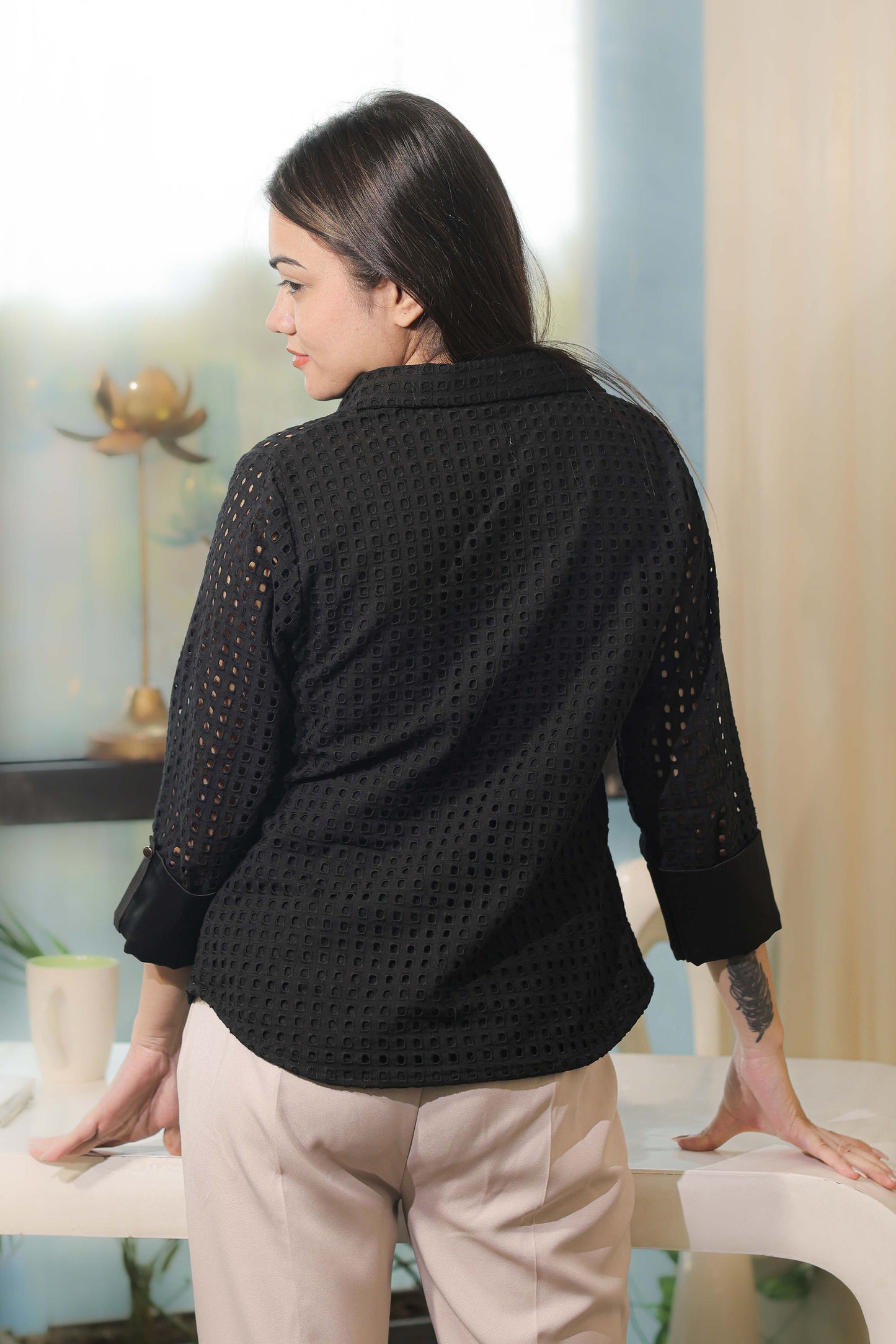 Black Cotton Shirt with square cut fabric and gold buttons-esseneur