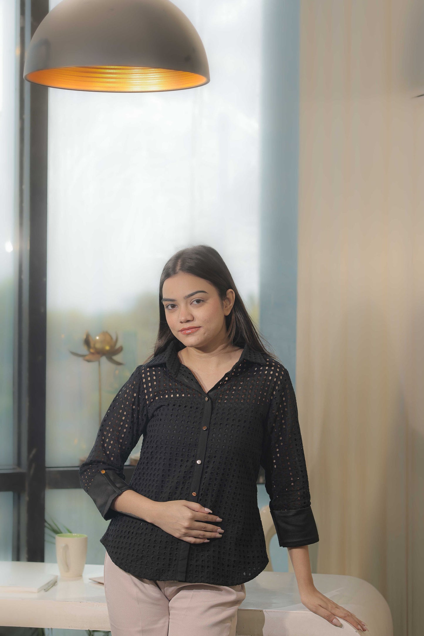 Black Cotton Shirt with square cut fabric and gold buttons-esseneur