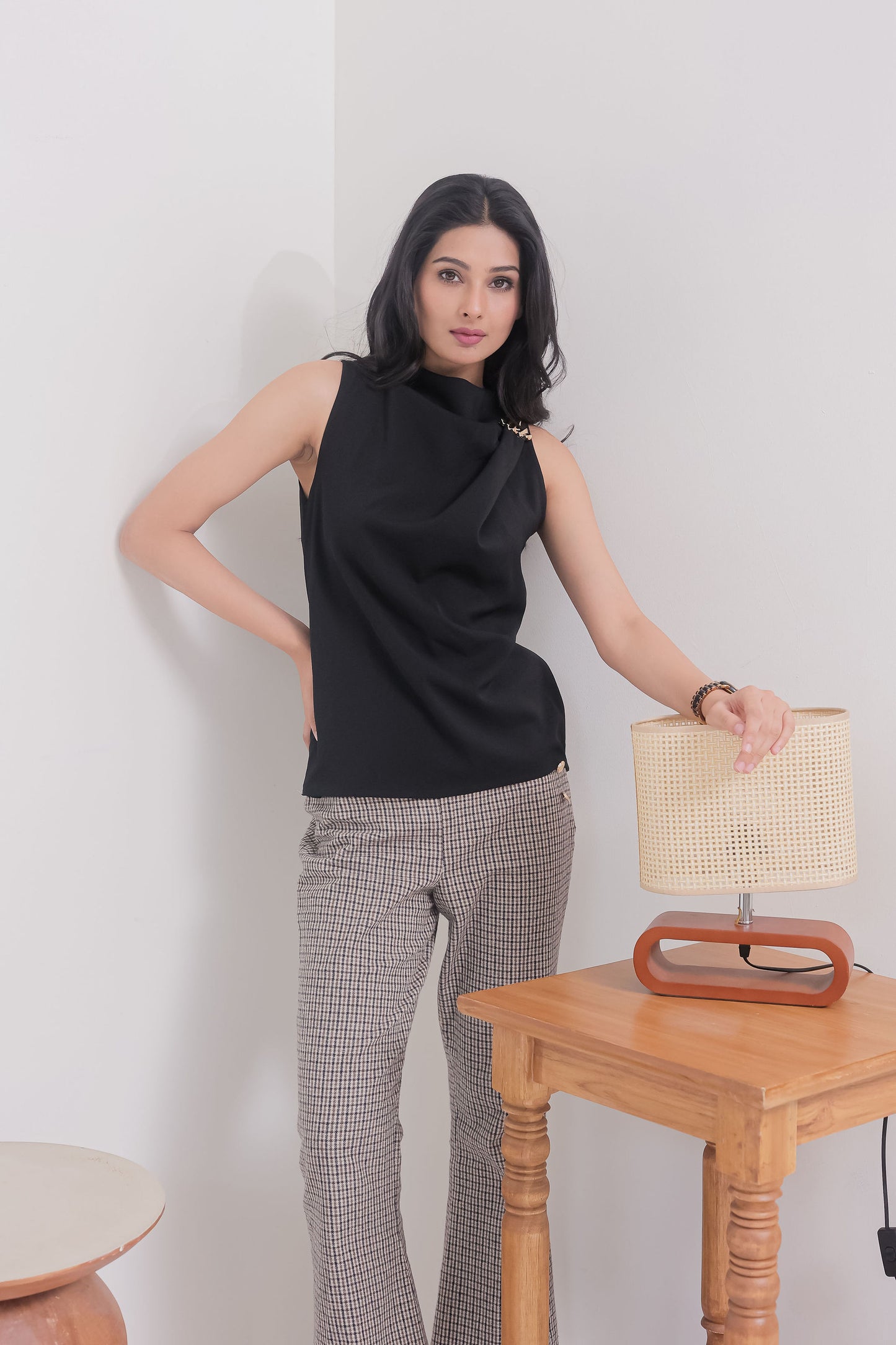 Black sleeveless top with gold applique on shoulder - esseneur.