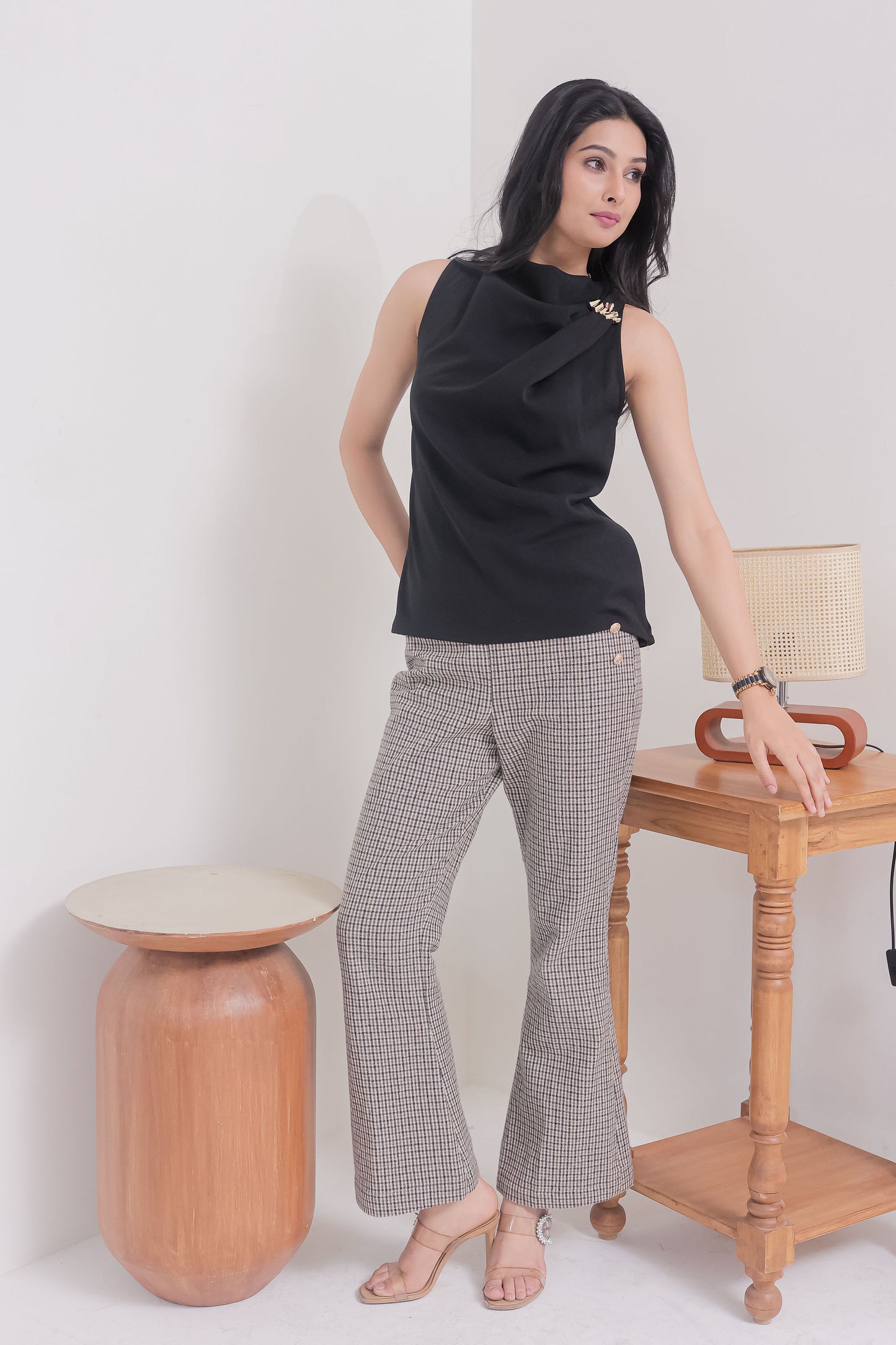 Black sleeveless top with gold applique on shoulder - esseneur.