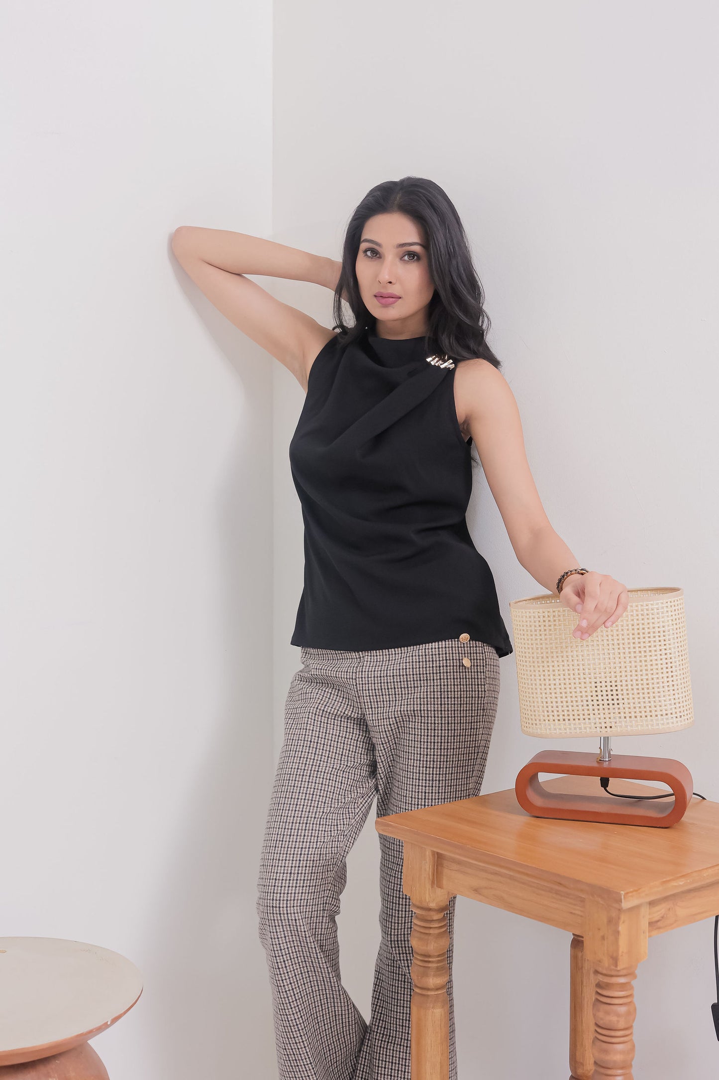 Black sleeveless top with gold applique on shoulder - esseneur.