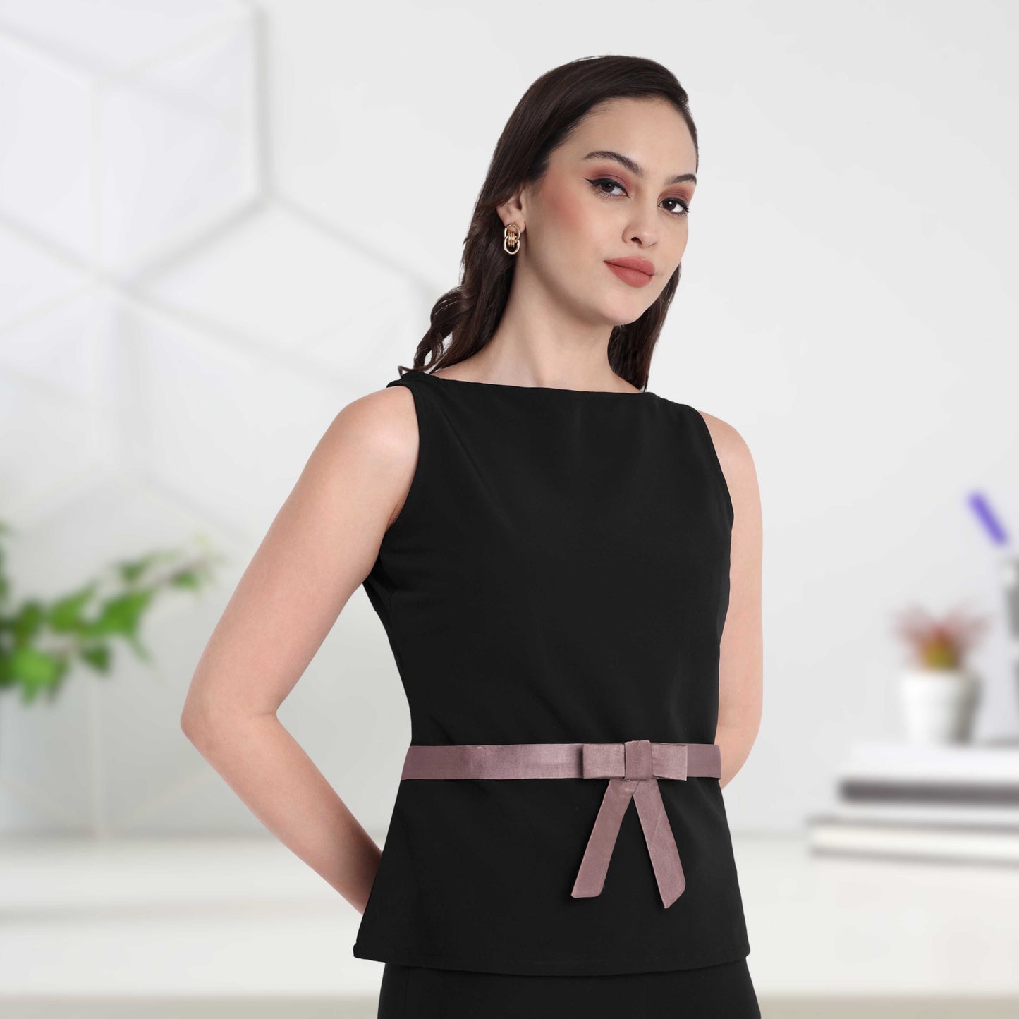 Black statement top with grey satin bow - esseneur.