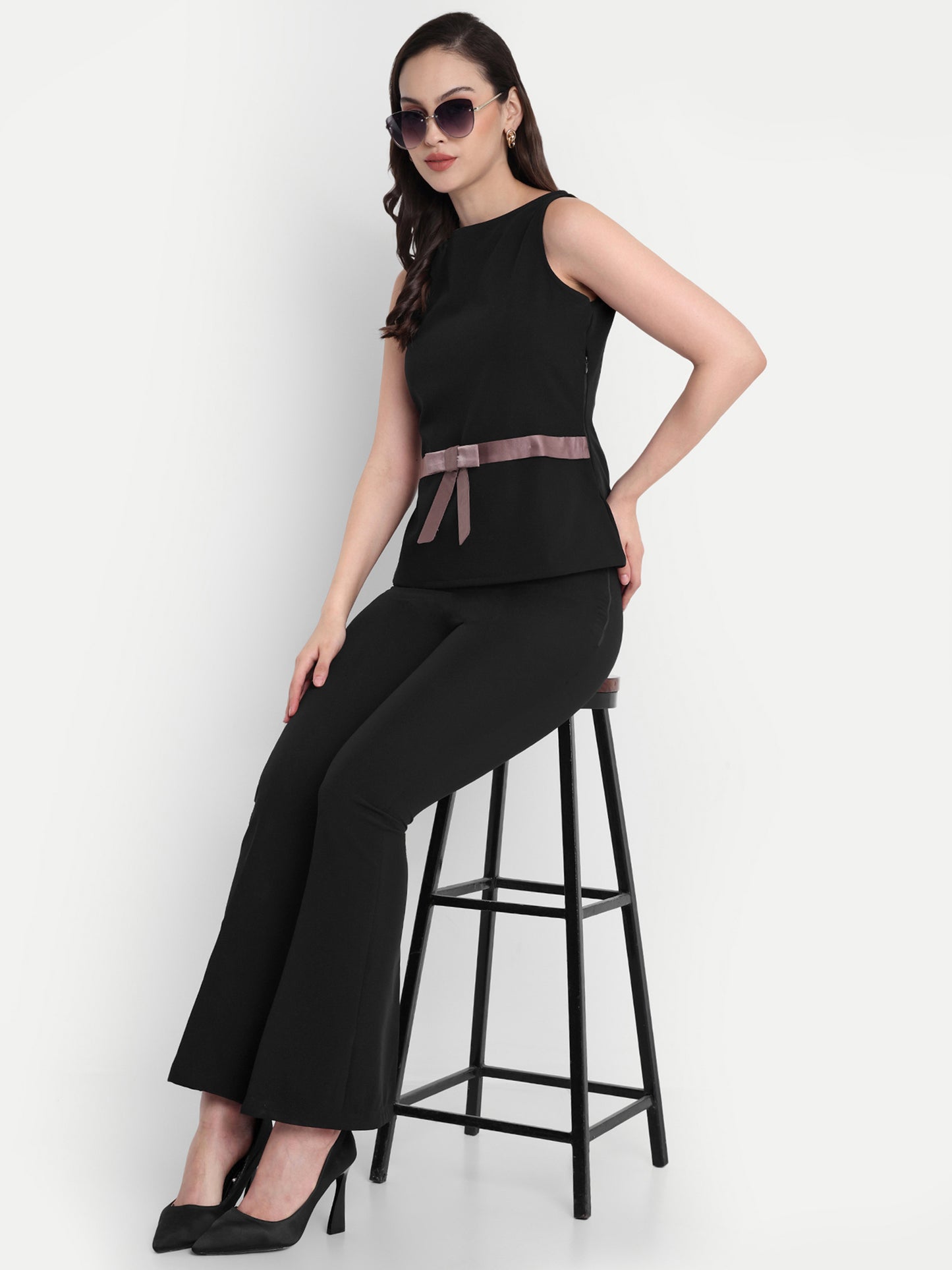 Black statement top with grey satin bow - esseneur.