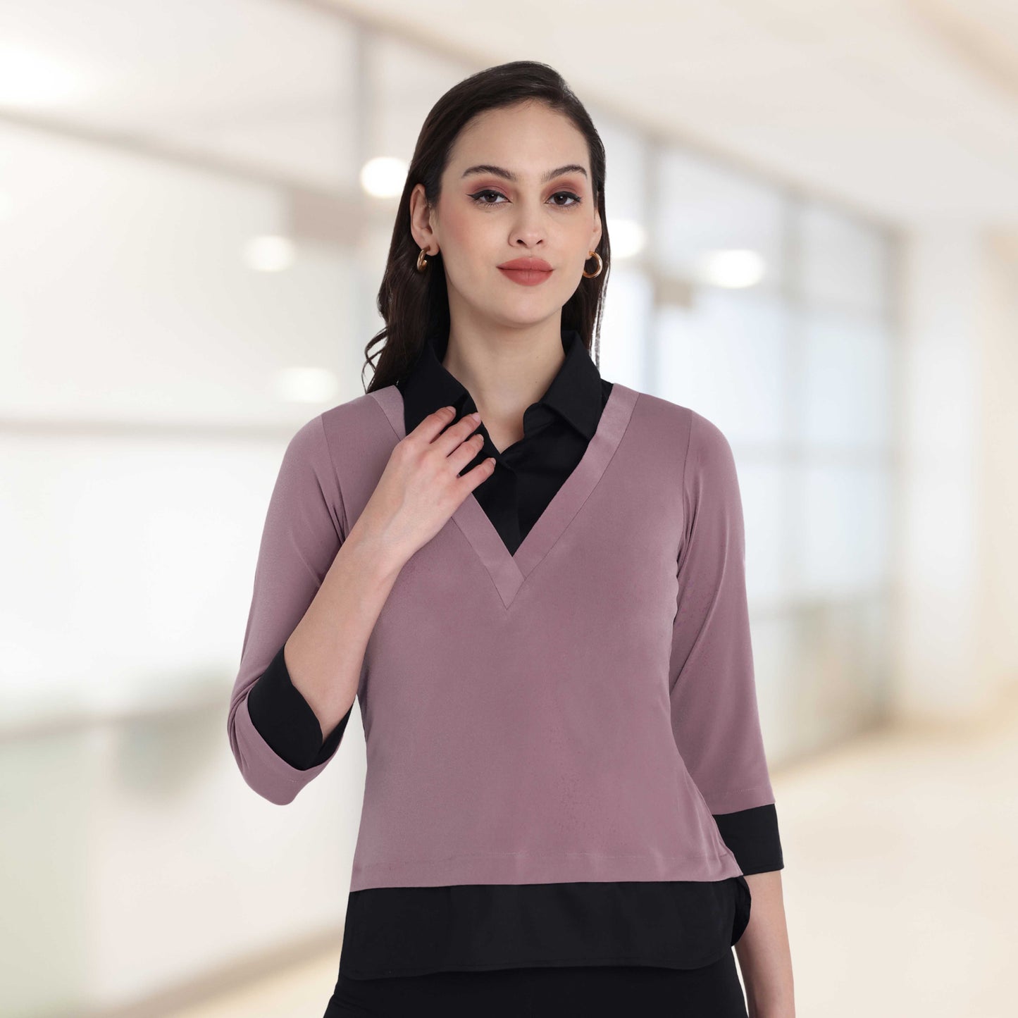 Black and mauve shirt style two fabric vest style top with quarter sleeves - esseneur.