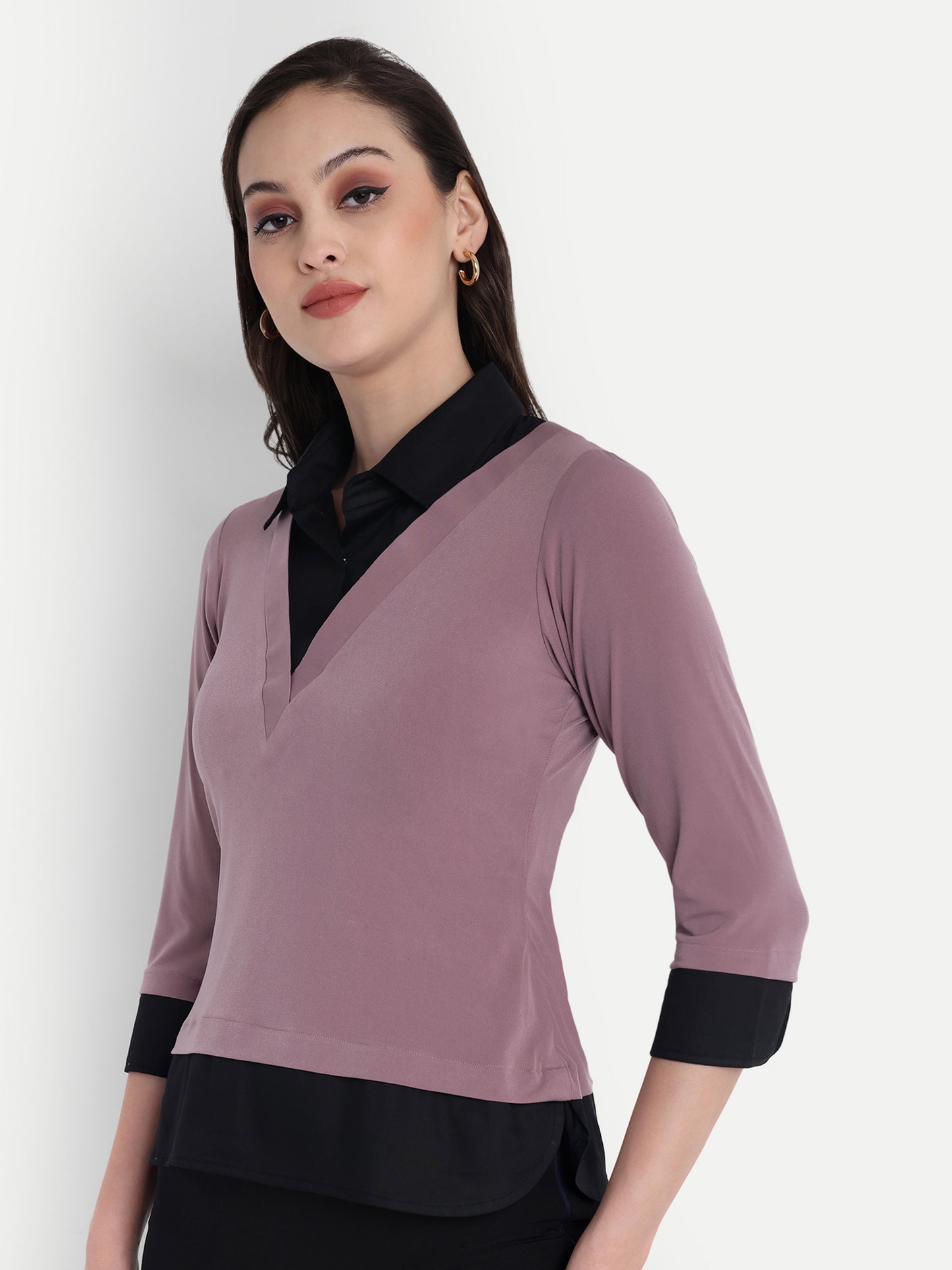 Black and mauve shirt style two fabric vest style top with quarter sleeves - esseneur.