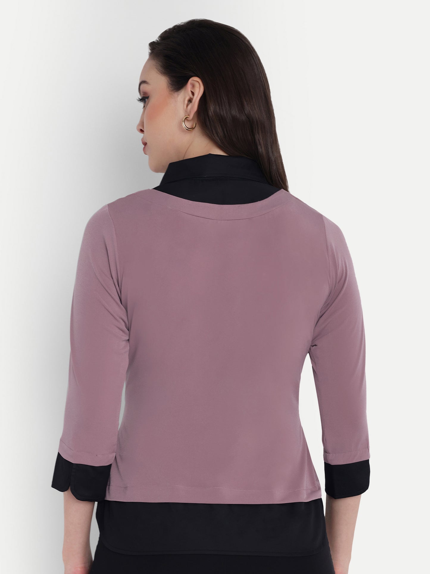 Black and mauve shirt style two fabric vest style top with quarter sleeves - esseneur.