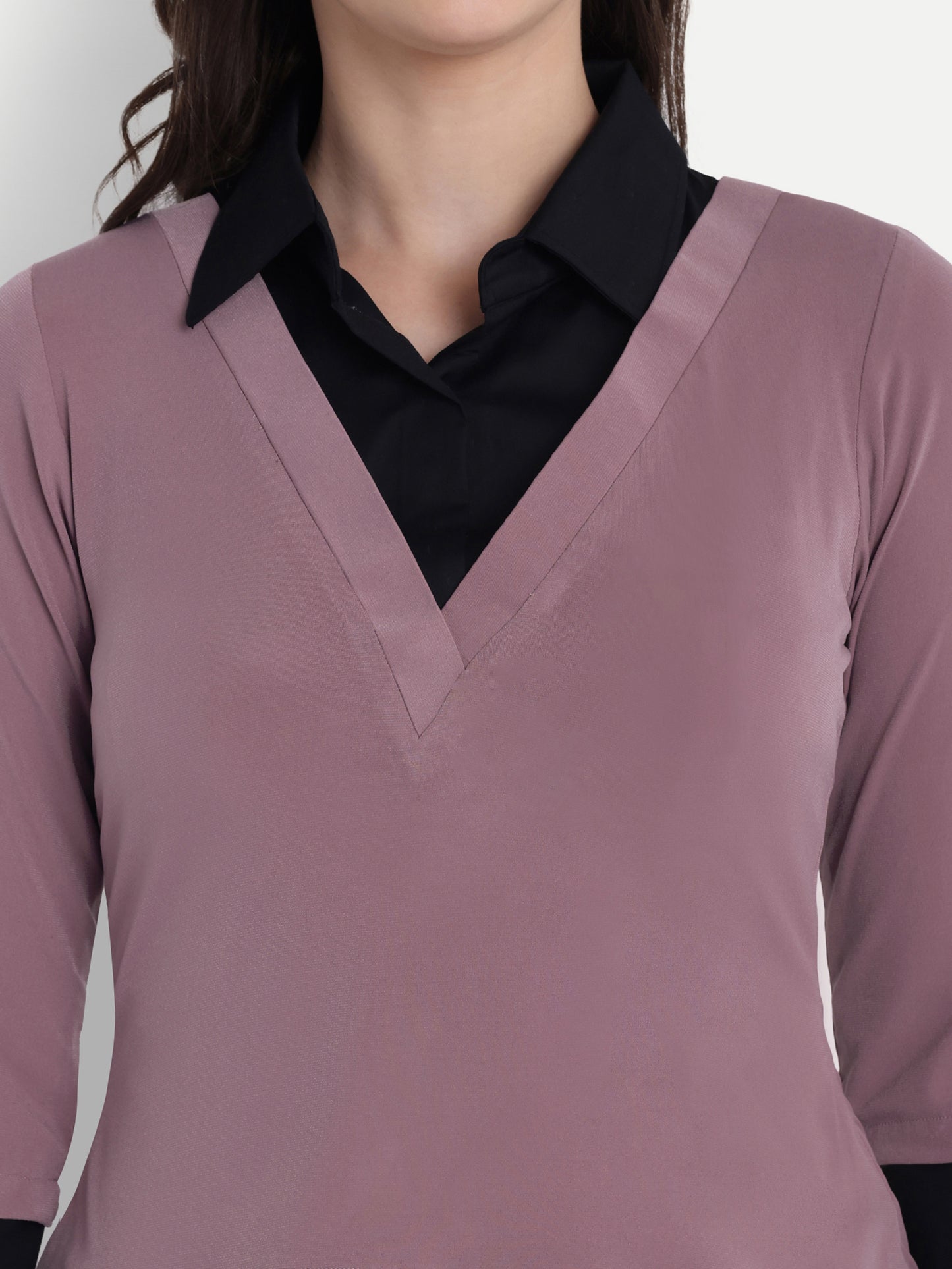 Black and mauve shirt style two fabric vest style top with quarter sleeves - esseneur.