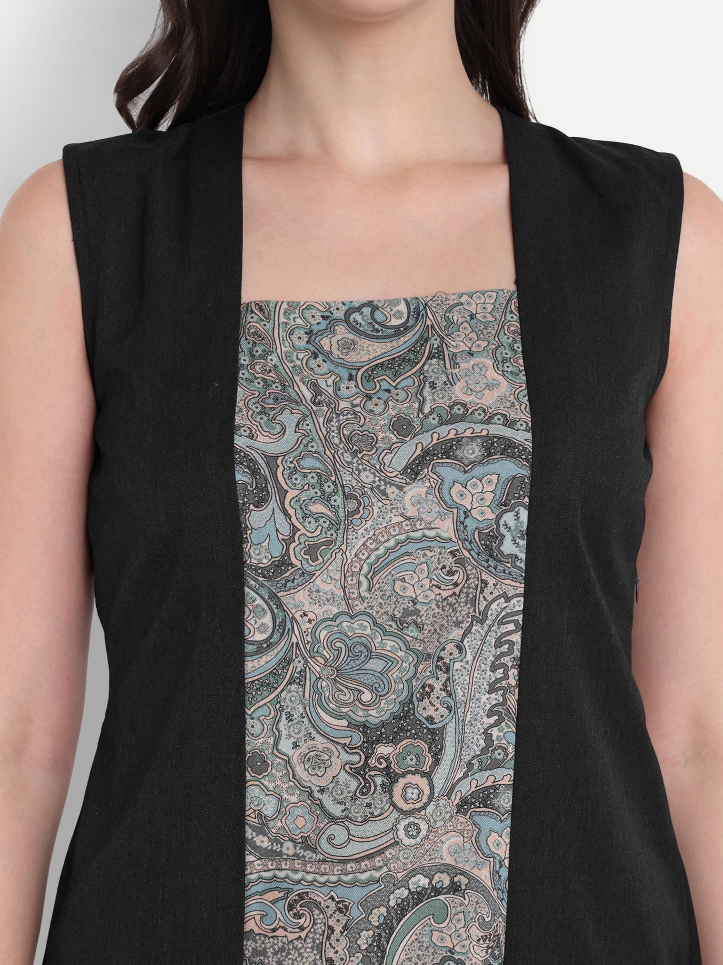 grey printed and solid two fabric sleeveles top - esseneur.