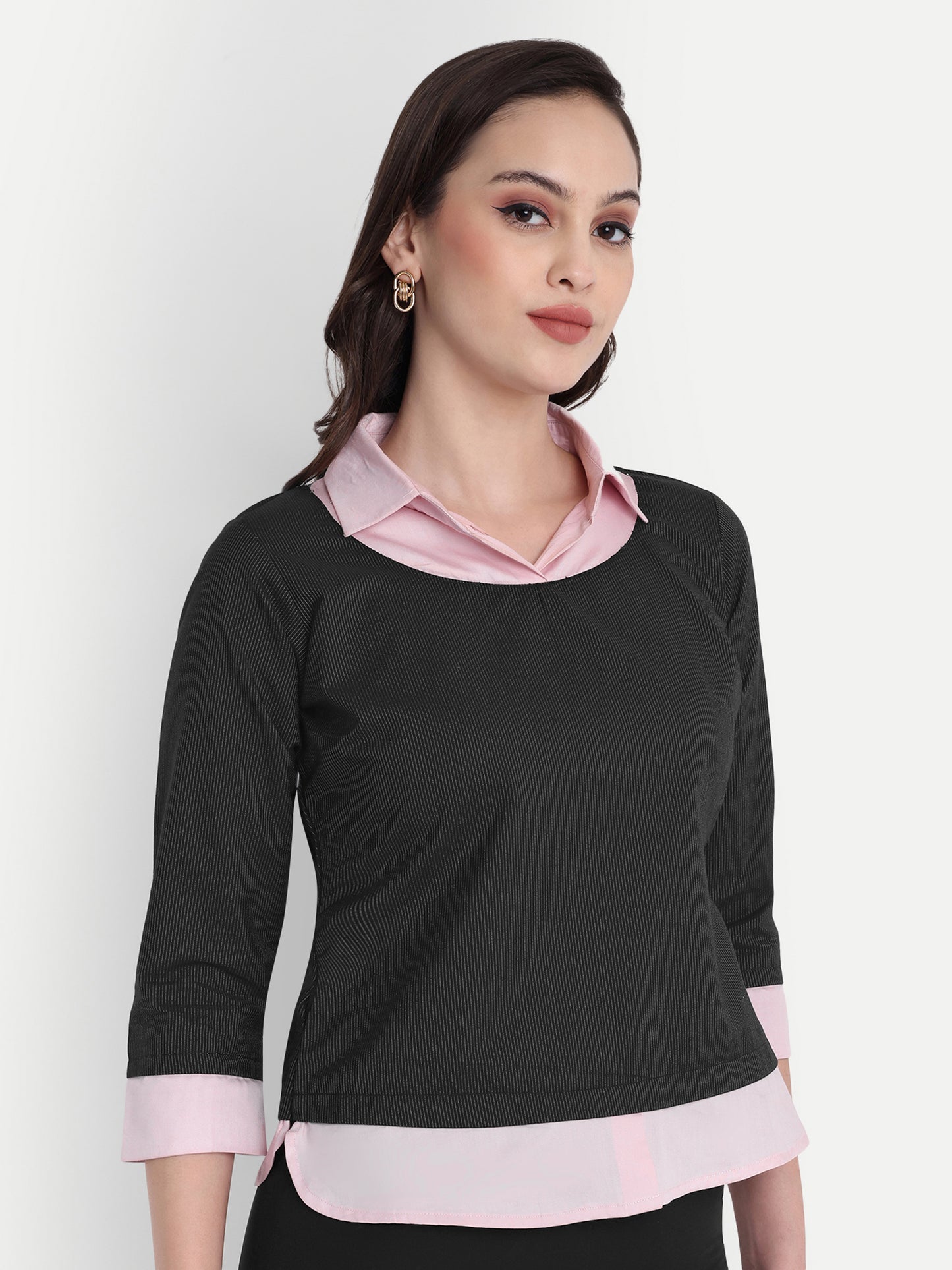 Pink shirt top with black striped fabric top - esseneur.