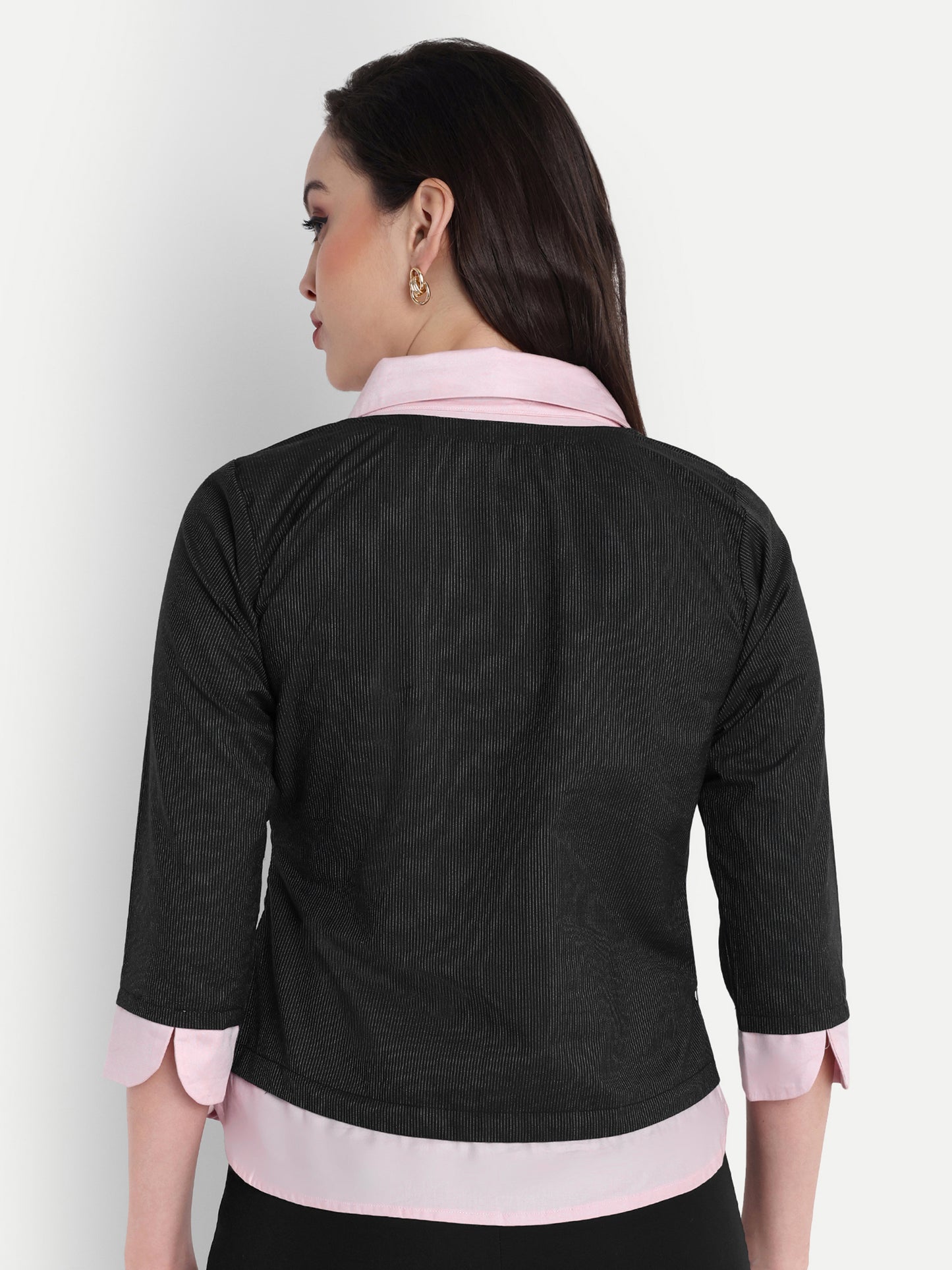 Pink shirt top with black striped fabric top - esseneur.