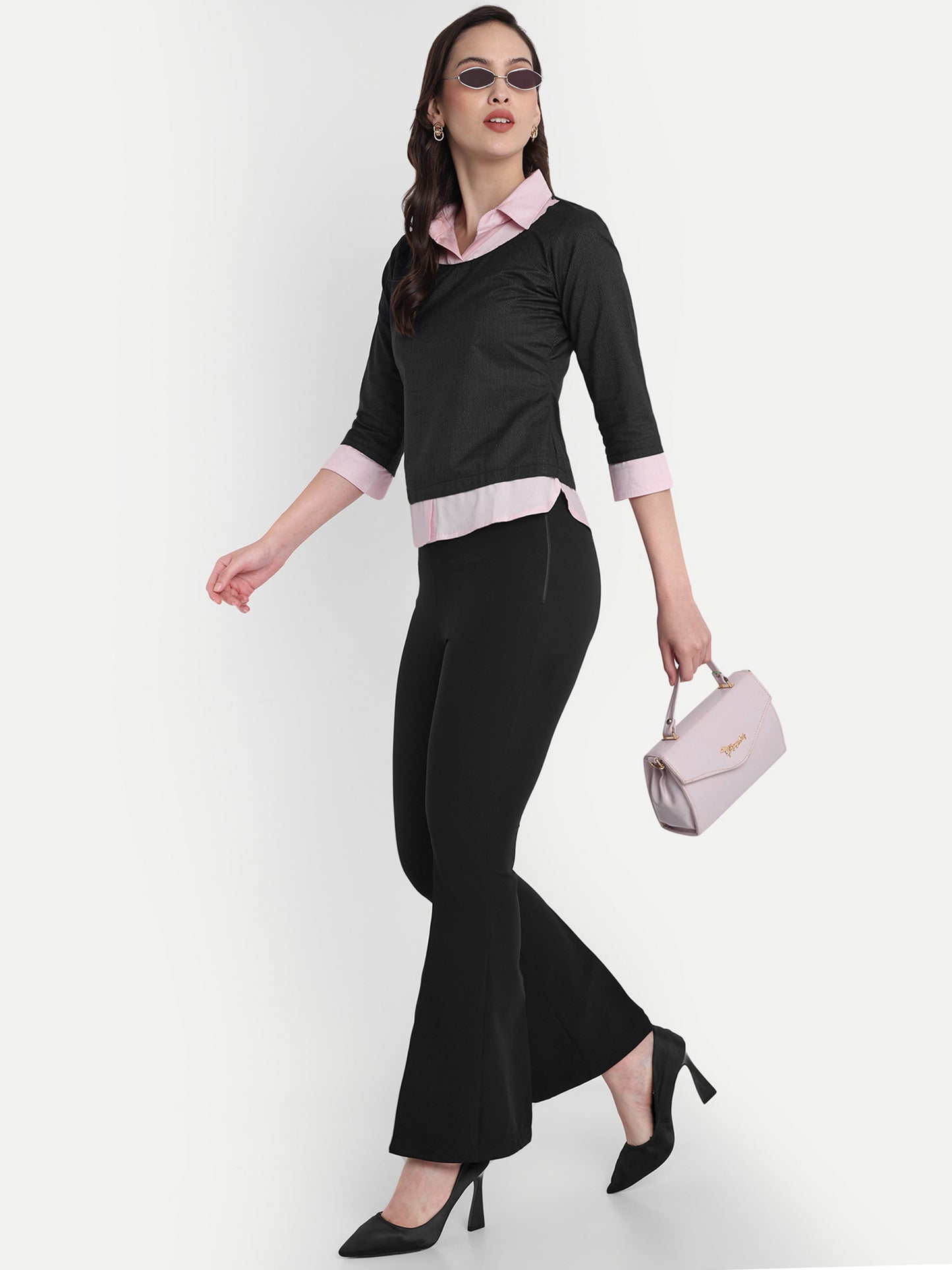 Pink shirt top with black striped fabric top - esseneur.