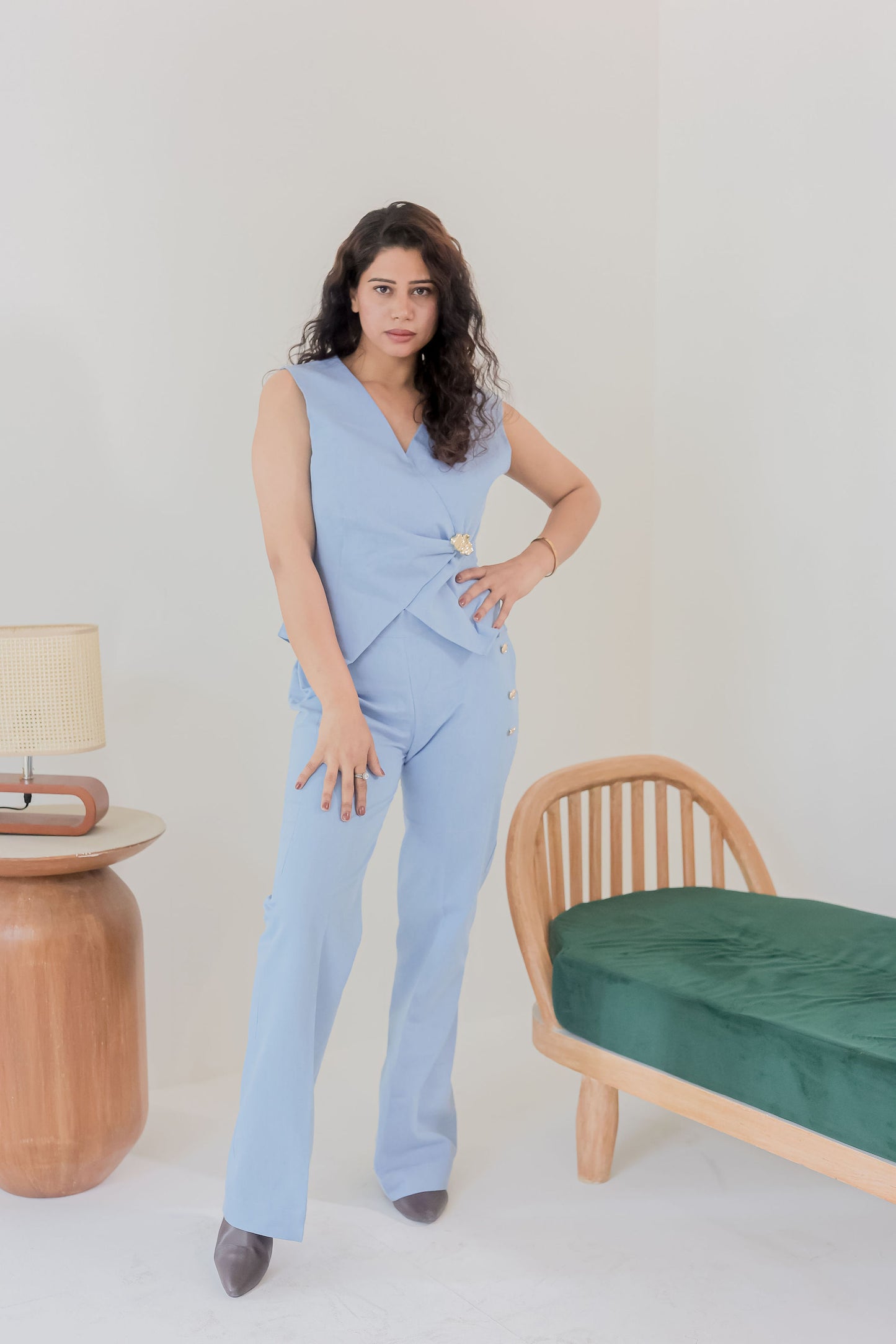 Light blue denim co ord set with gold applique on waistcoat-esseneur