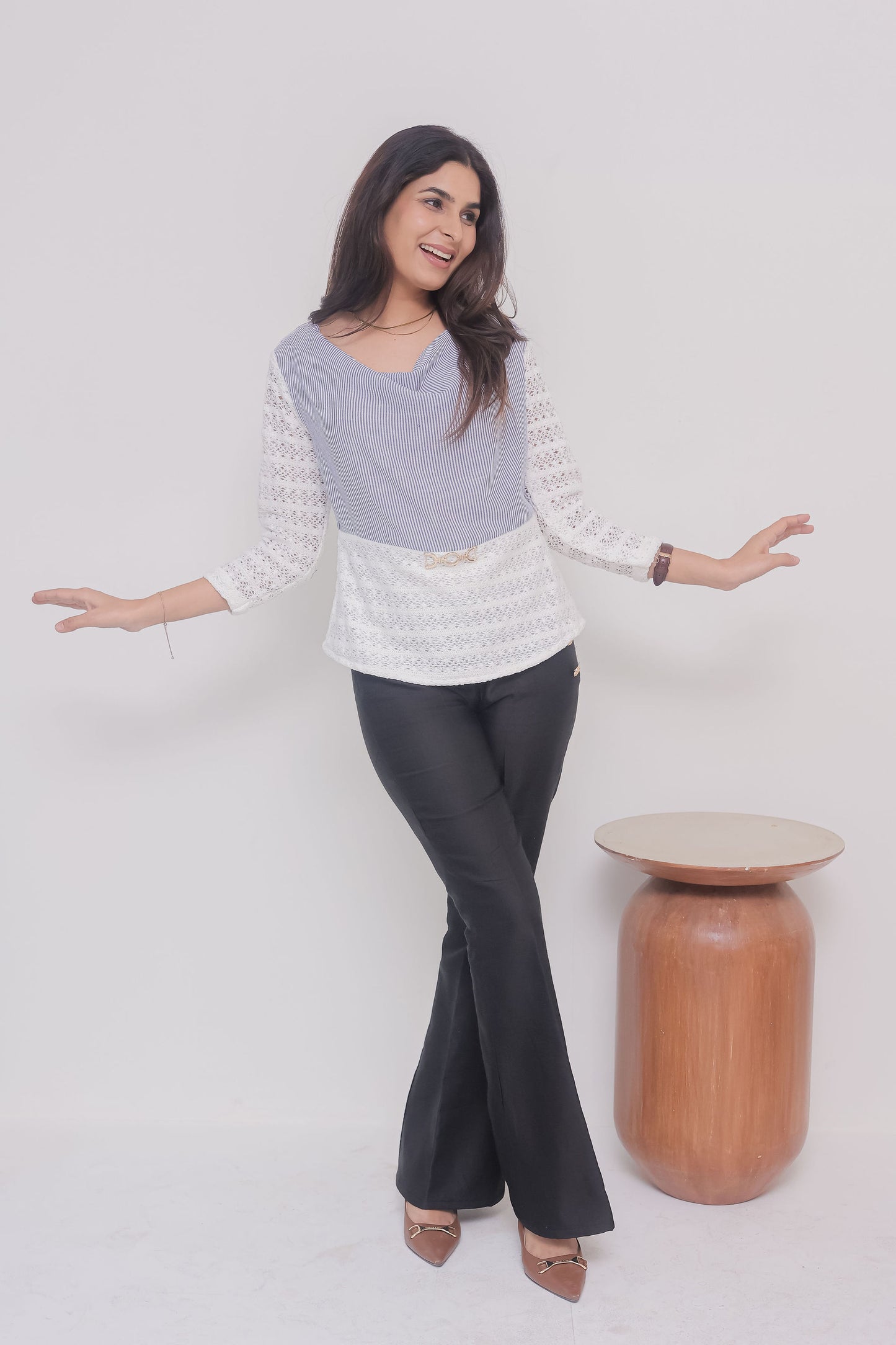 Blue stripe cowl neck with gold applique and crotia sleeves- esseneur.