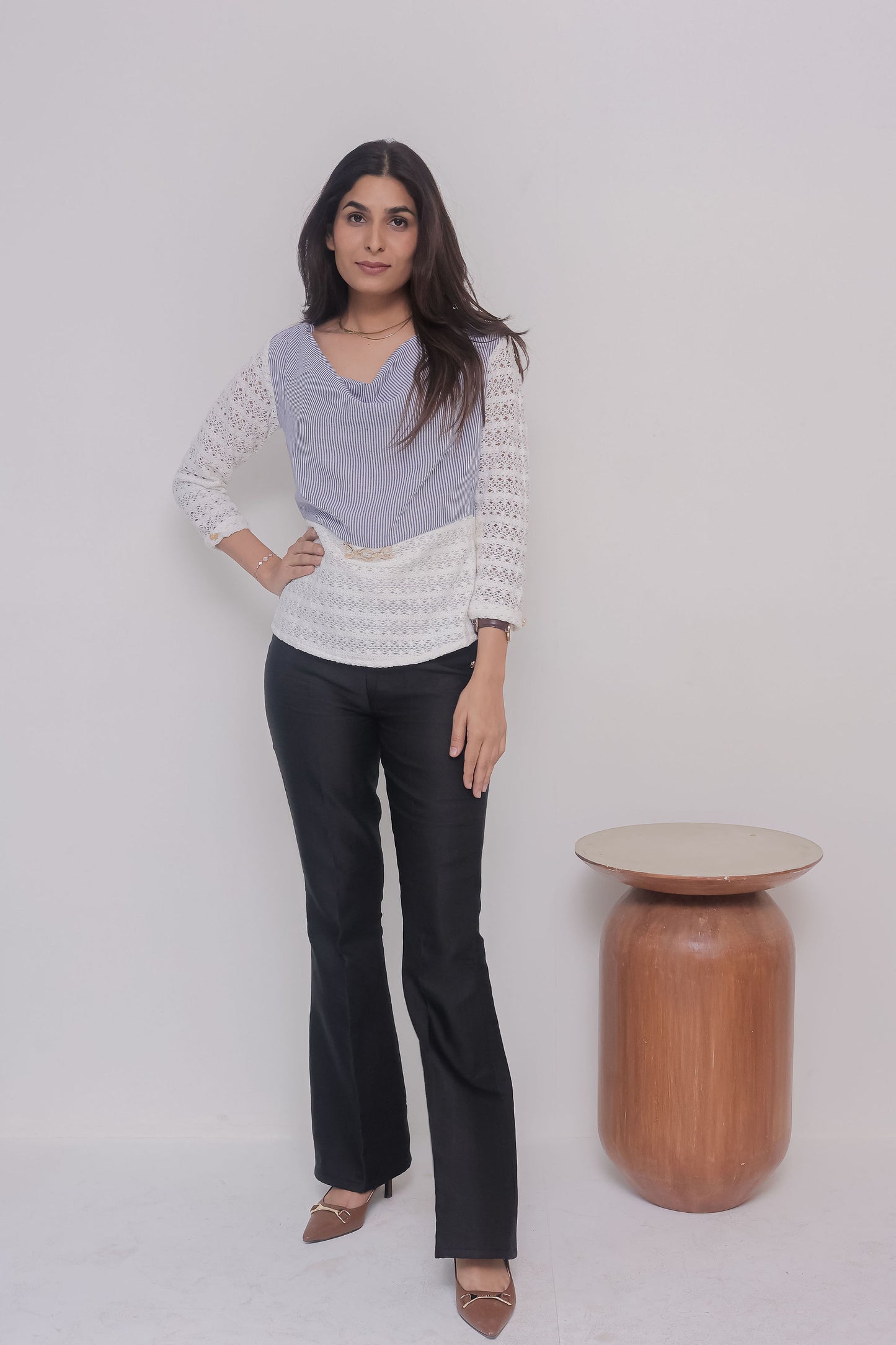 Blue stripe cowl neck with gold applique and crotia sleeves- esseneur.