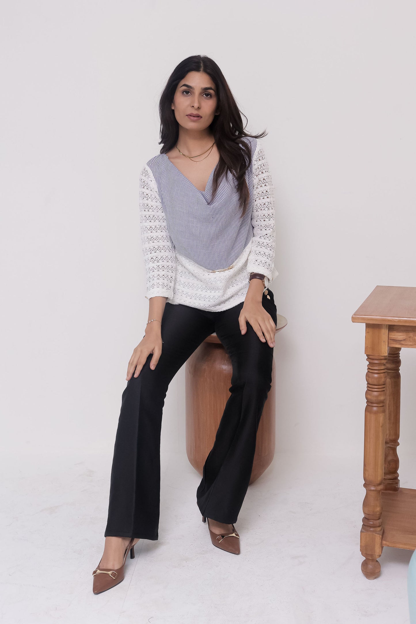 Blue stripe cowl neck with gold applique and crotia sleeves- esseneur.