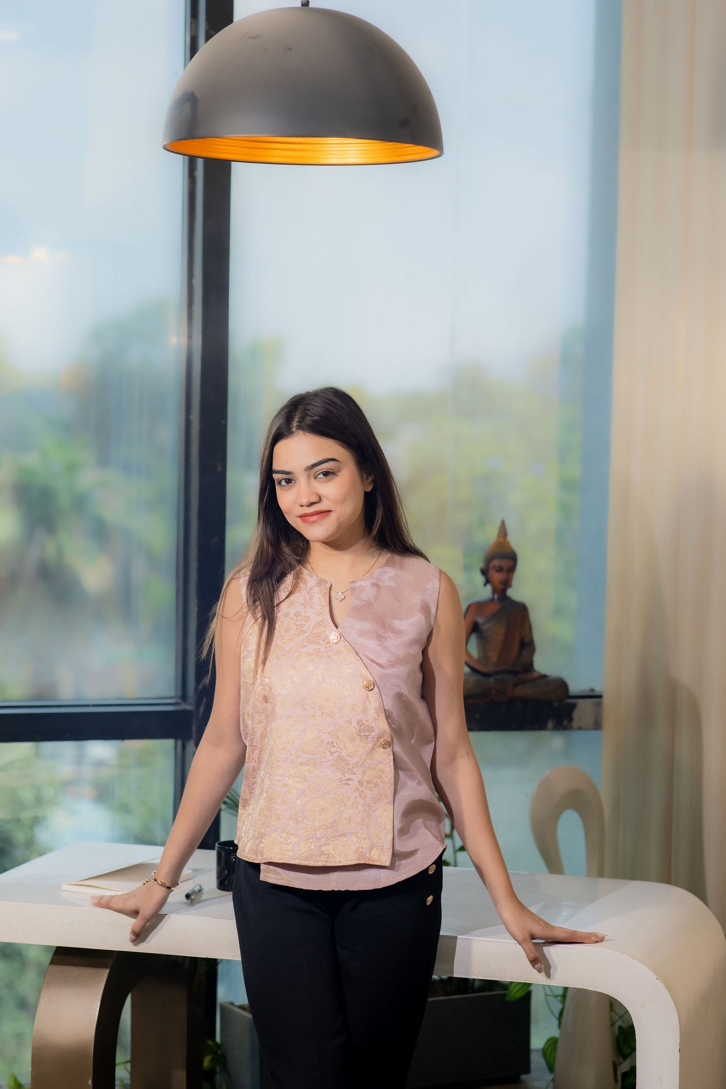 Blush pink festive brocade flap top with gold buttons - esseneur
