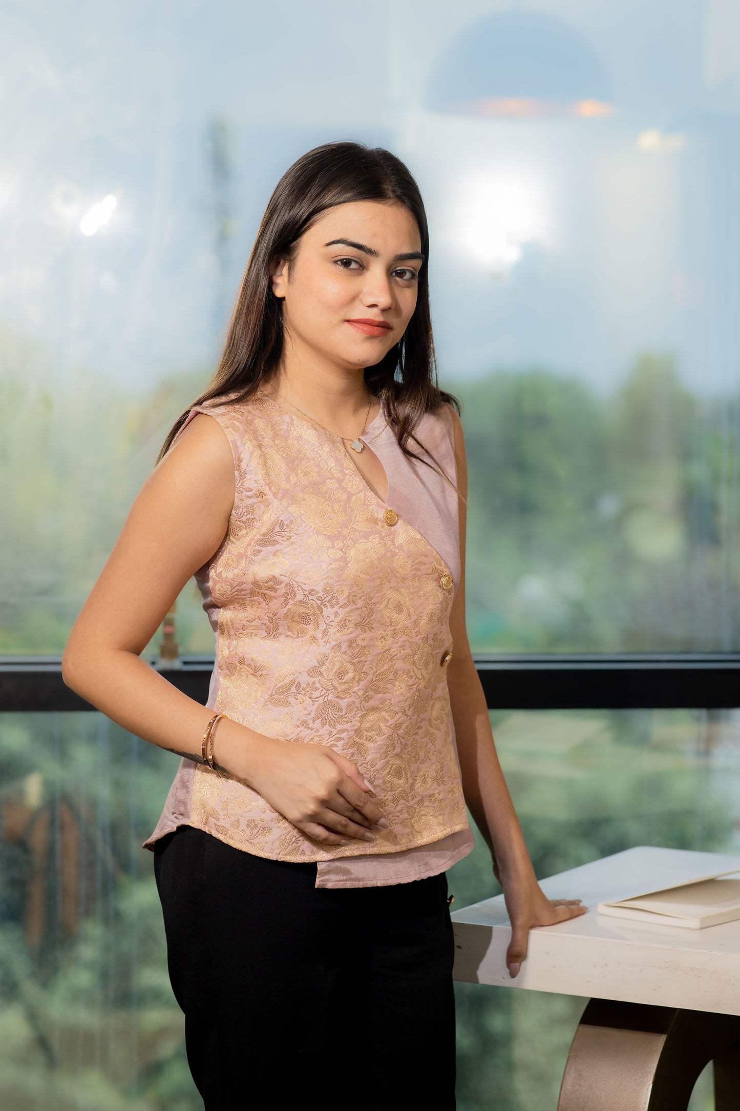 Blush pink festive brocade flap top with gold buttons - esseneur