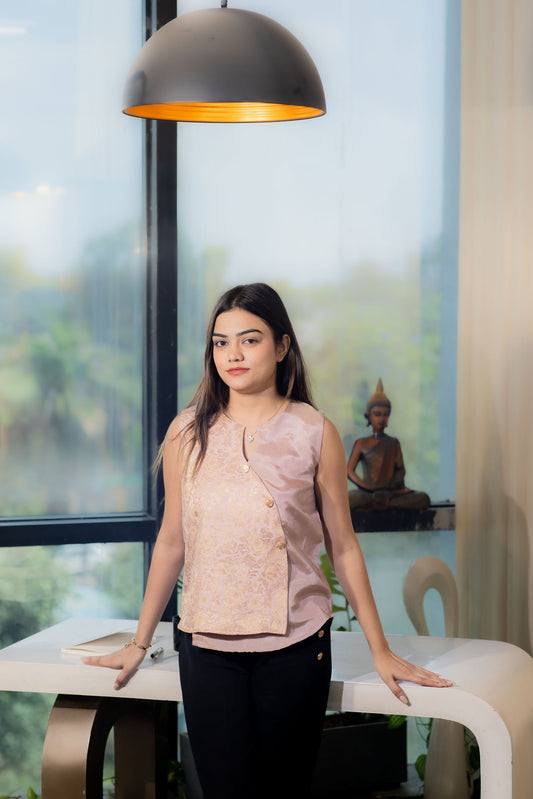 Blush pink festive brocade flap top with gold buttons - esseneur