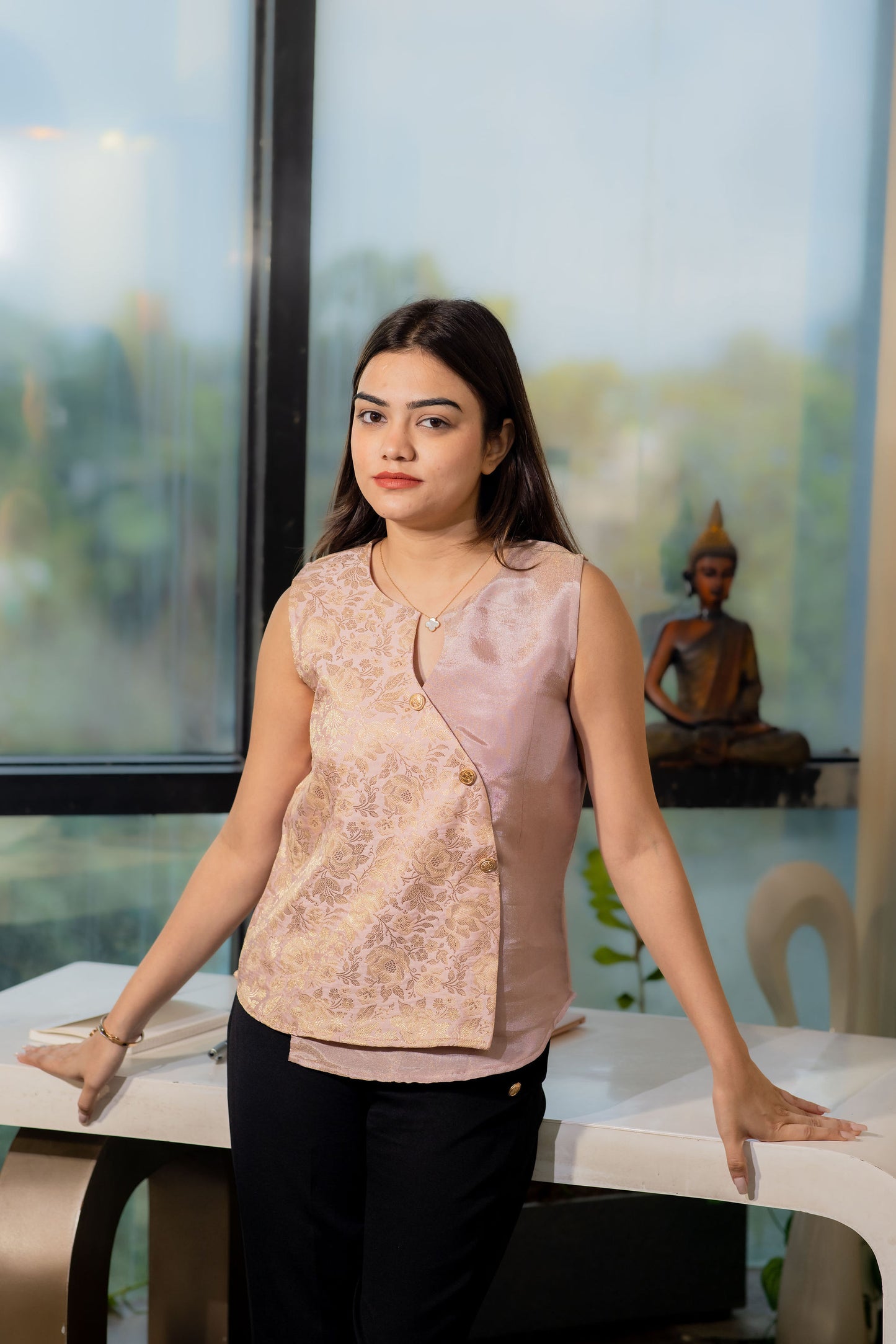 Blush pink festive brocade flap top with gold buttons - esseneur