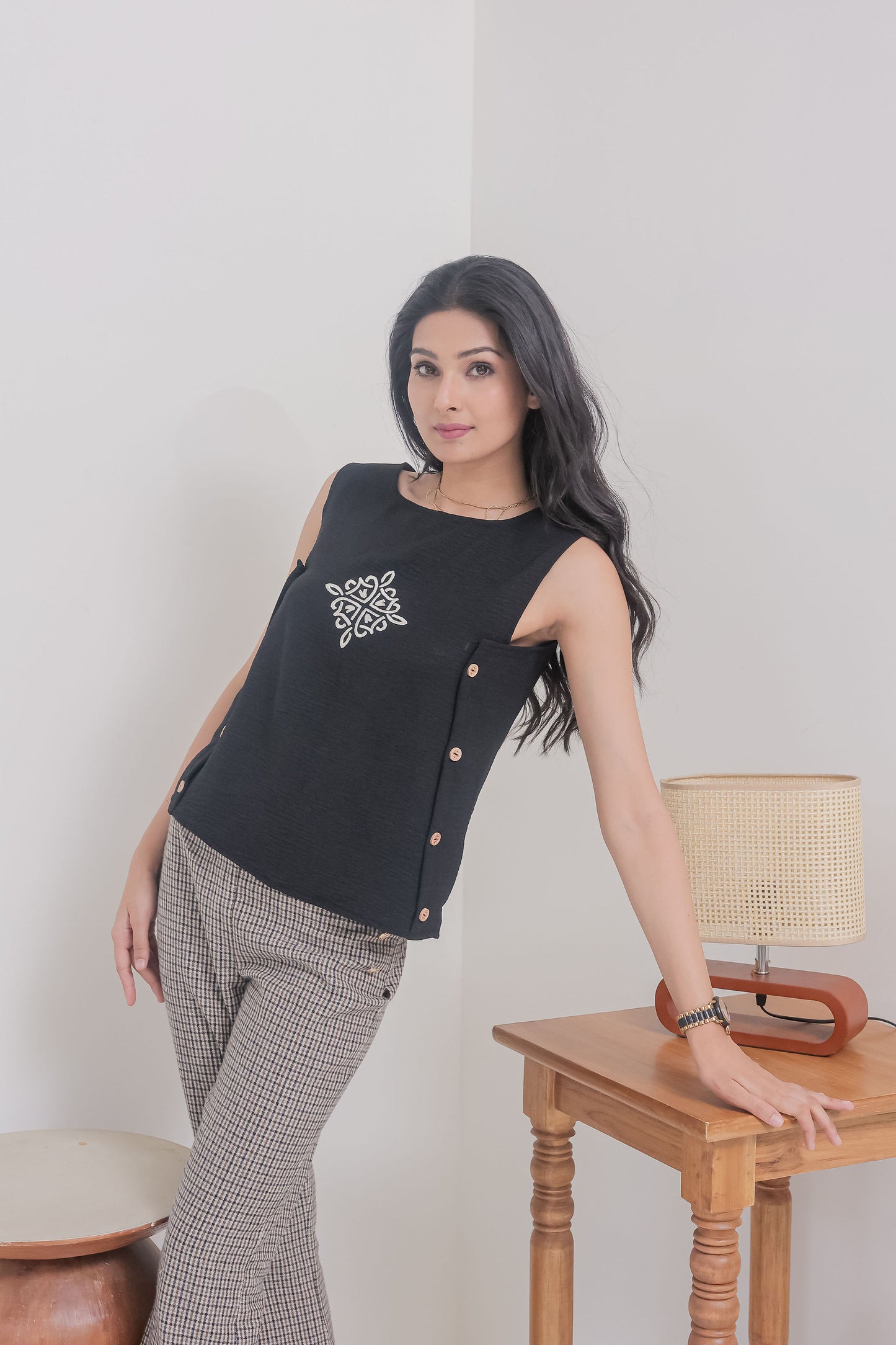 Black wooden buttons and embroidered top EWTP0048-BLKBT
