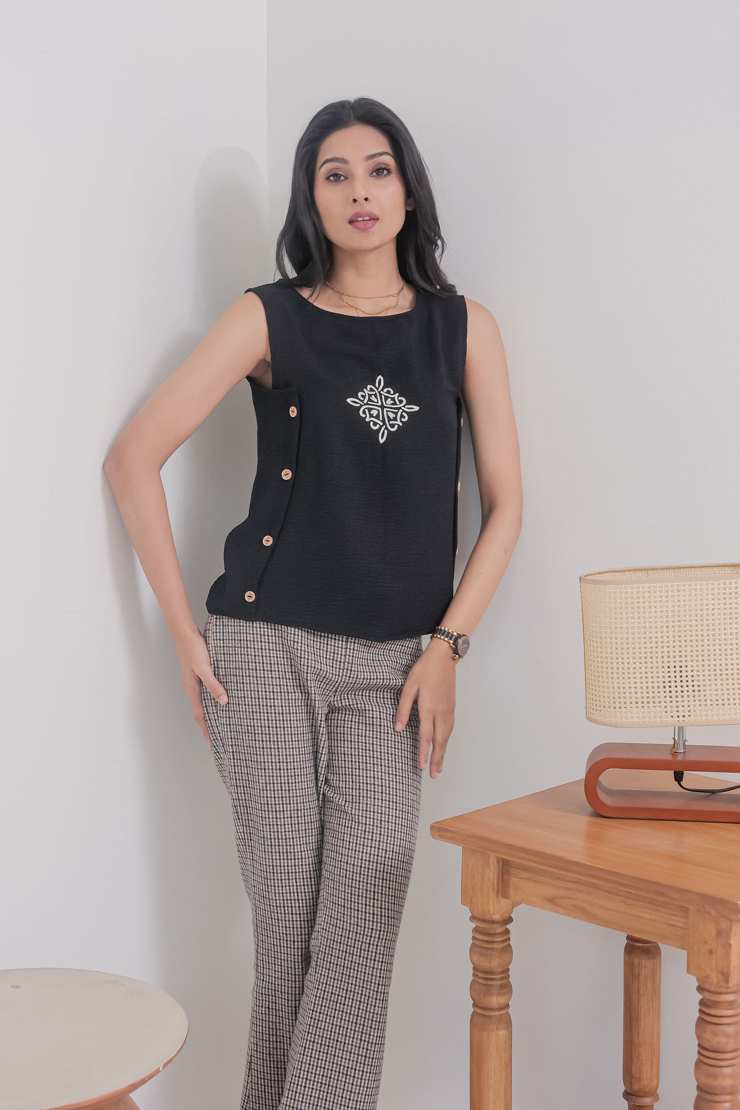Black wooden buttons and embroidered top EWTP0048-BLKBT