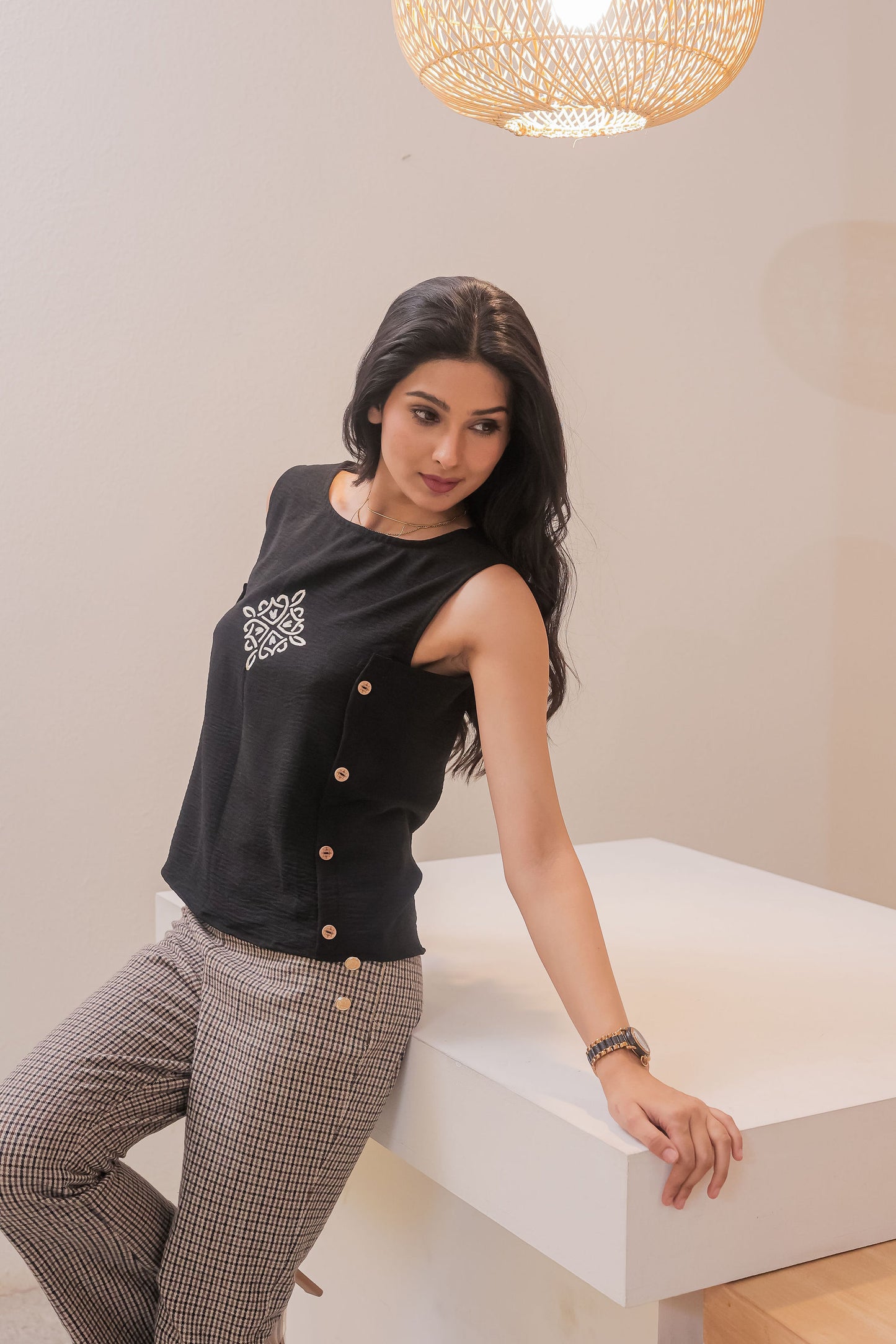 Black wooden buttons and embroidered top EWTP0048-BLKBT