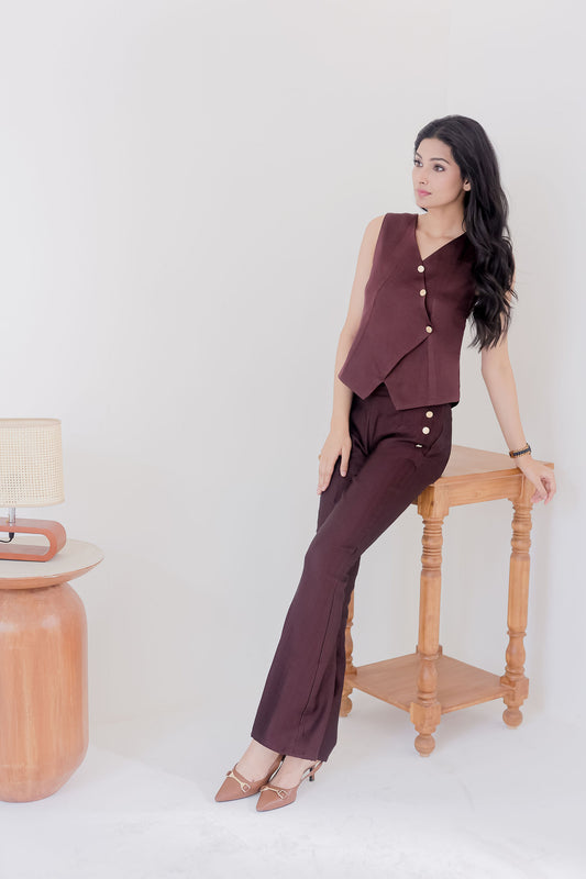 Brown Linen co ord set with gold buttons-Esseneur