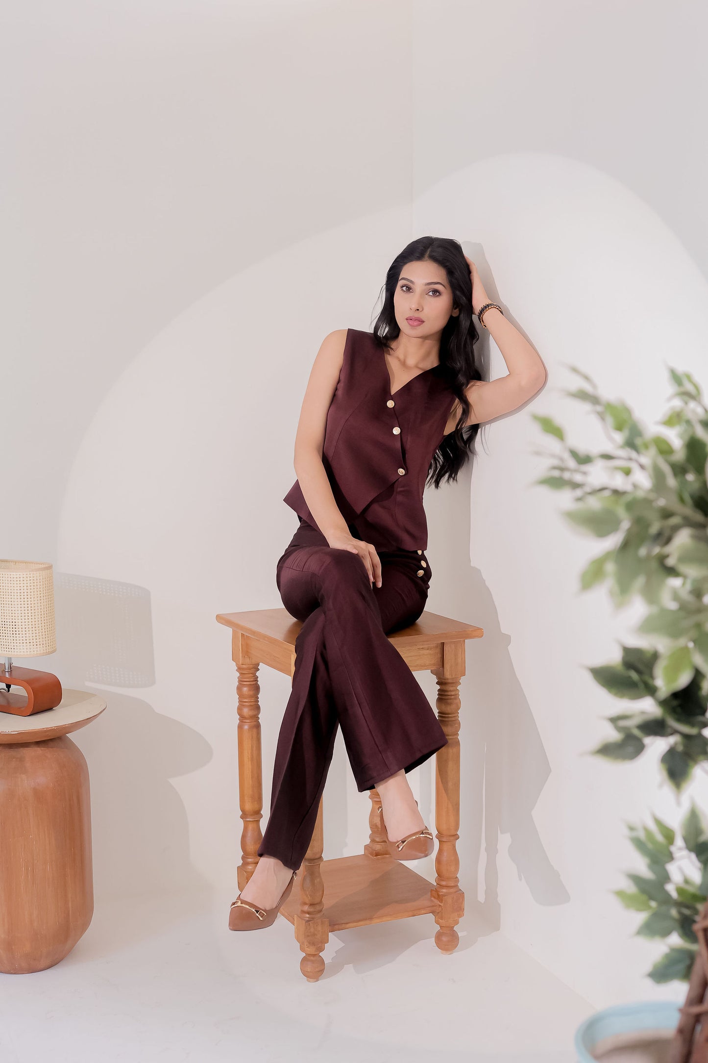 Brown Linen co ord set with gold buttons-Esseneur