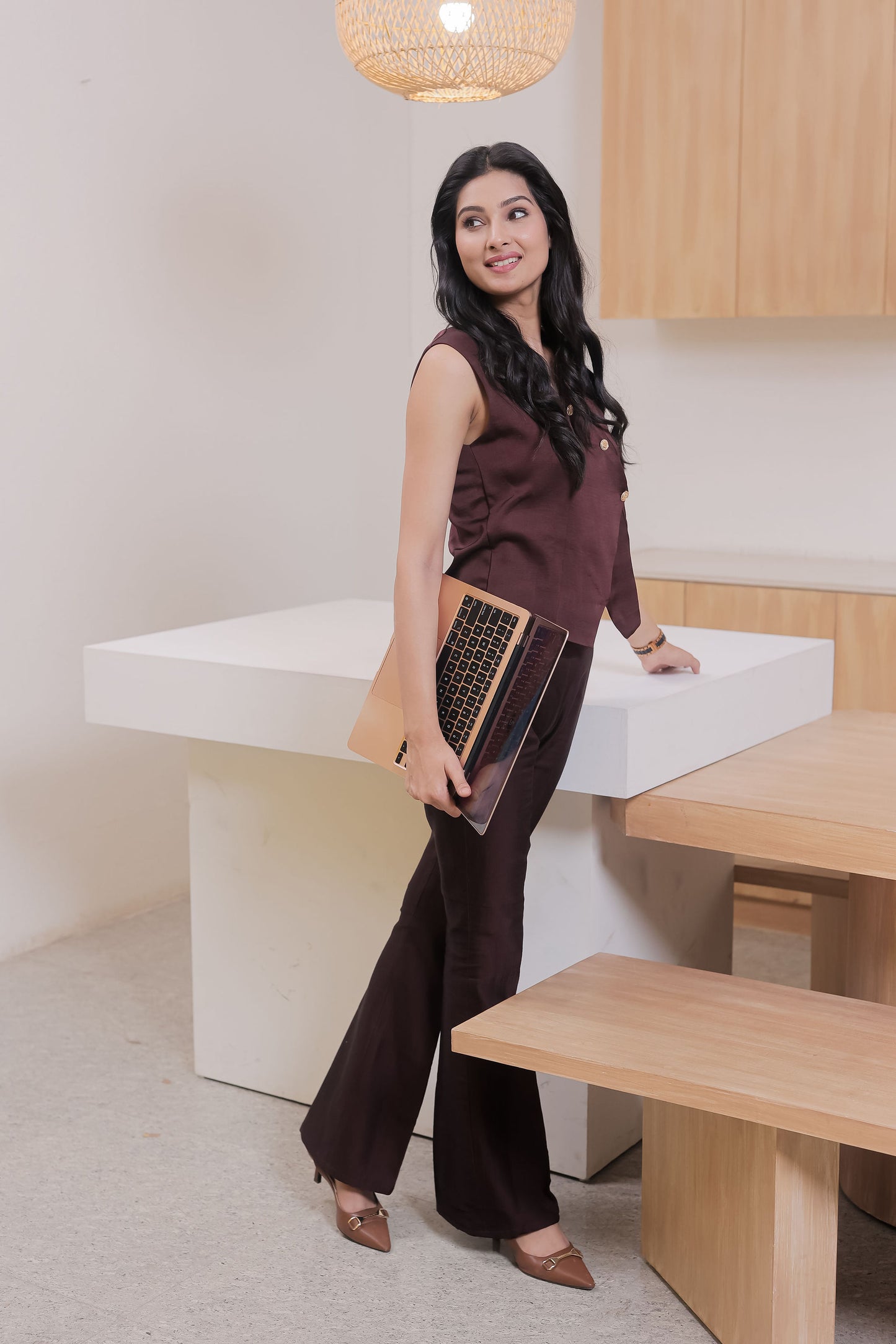 Brown Linen co ord set with gold buttons-Esseneur