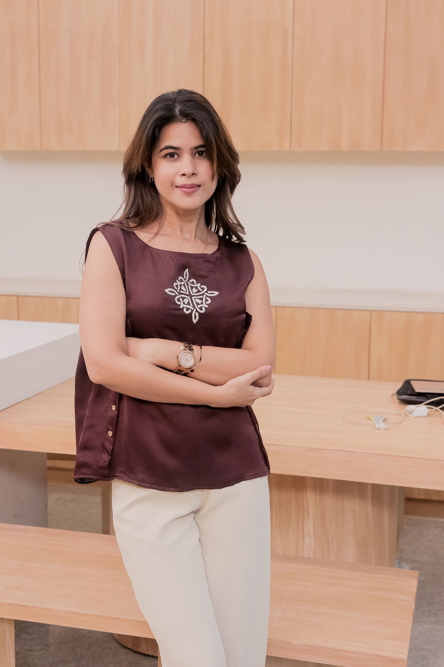 Brown Linen satin sleeveless top with embroiderery in the centre- esseneur.