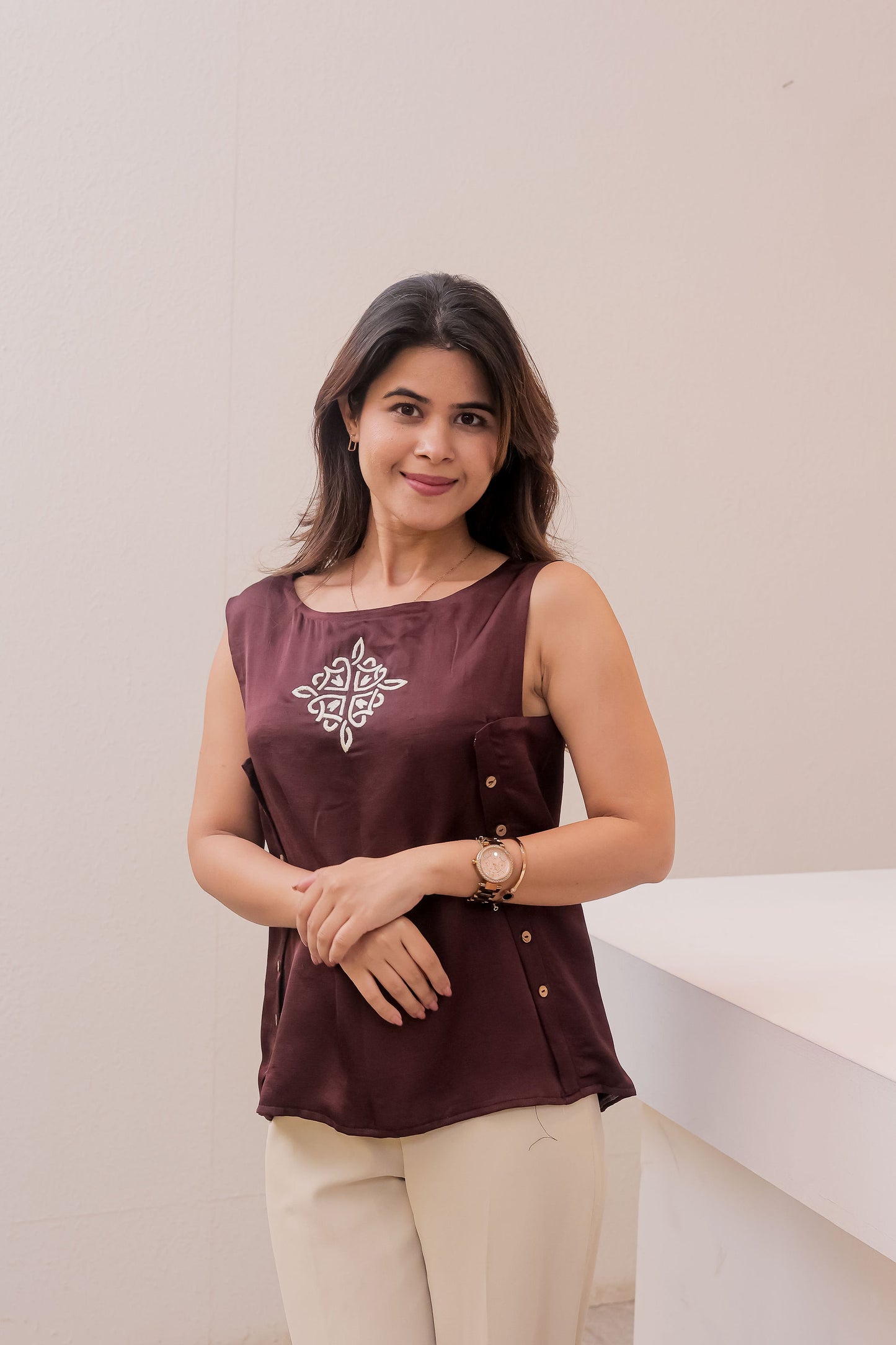 Brown Linen satin sleeveless top with embroiderery in the centre- esseneur.