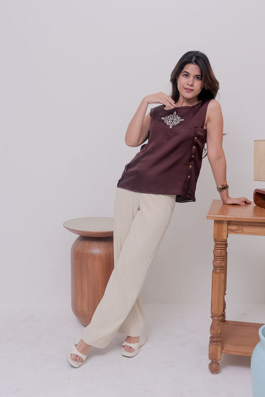 Brown Linen satin sleeveless top with embroiderery in the centre- esseneur.