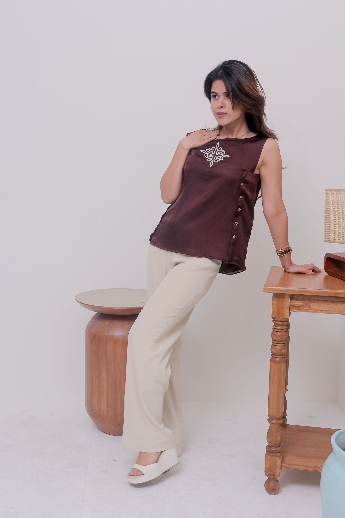 Brown Linen satin sleeveless top with embroiderery in the centre- esseneur.