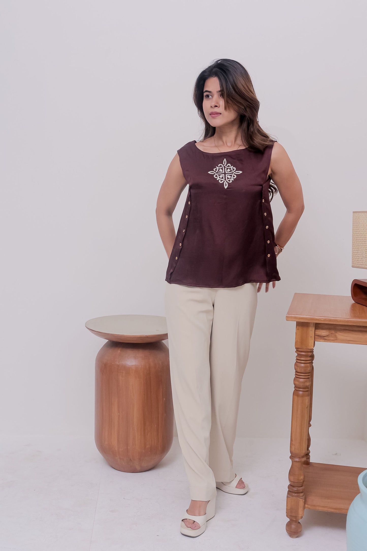 Brown Linen satin sleeveless top with embroiderery in the centre- esseneur.