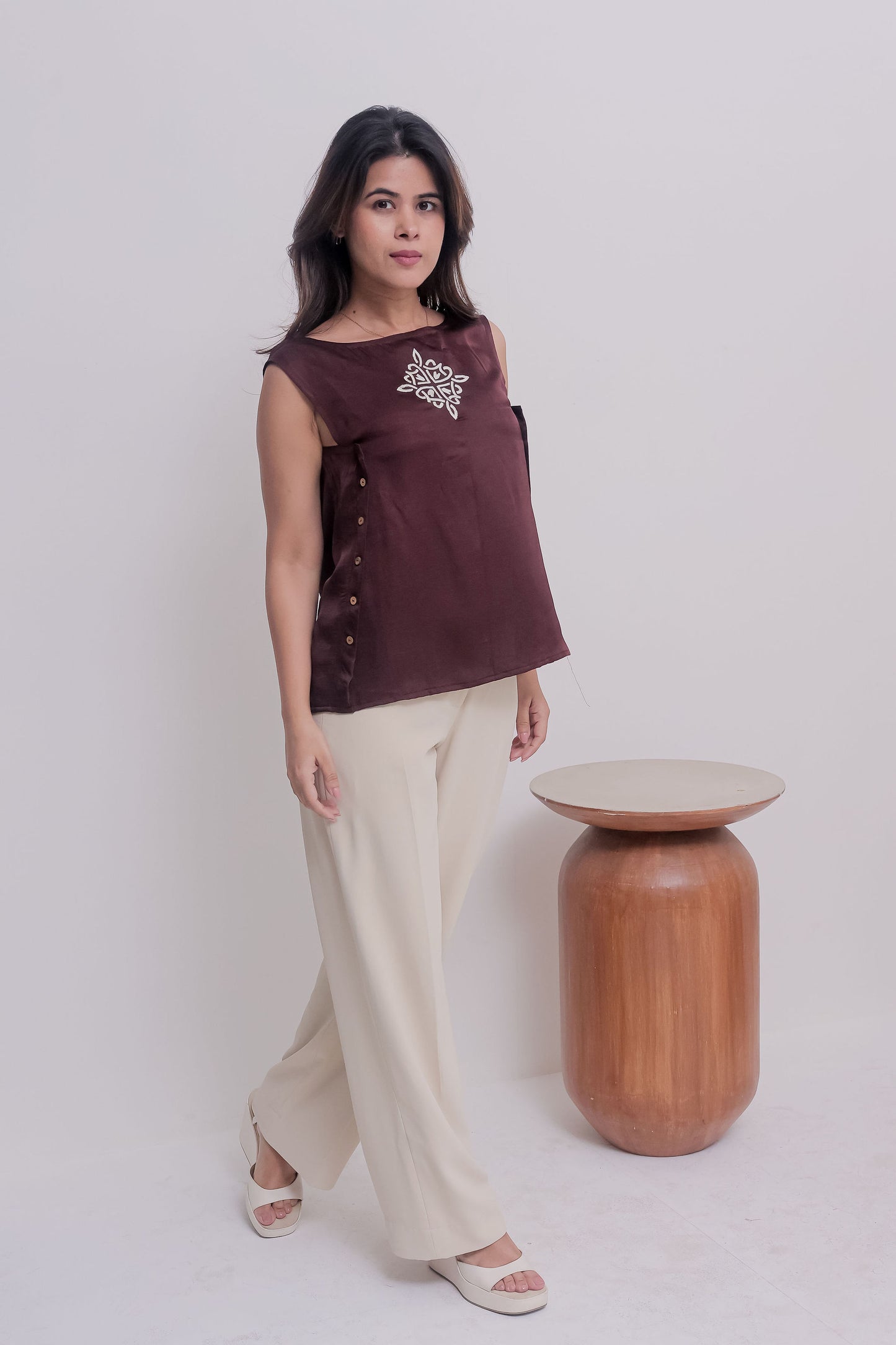Brown Linen satin sleeveless top with embroiderery in the centre- esseneur.
