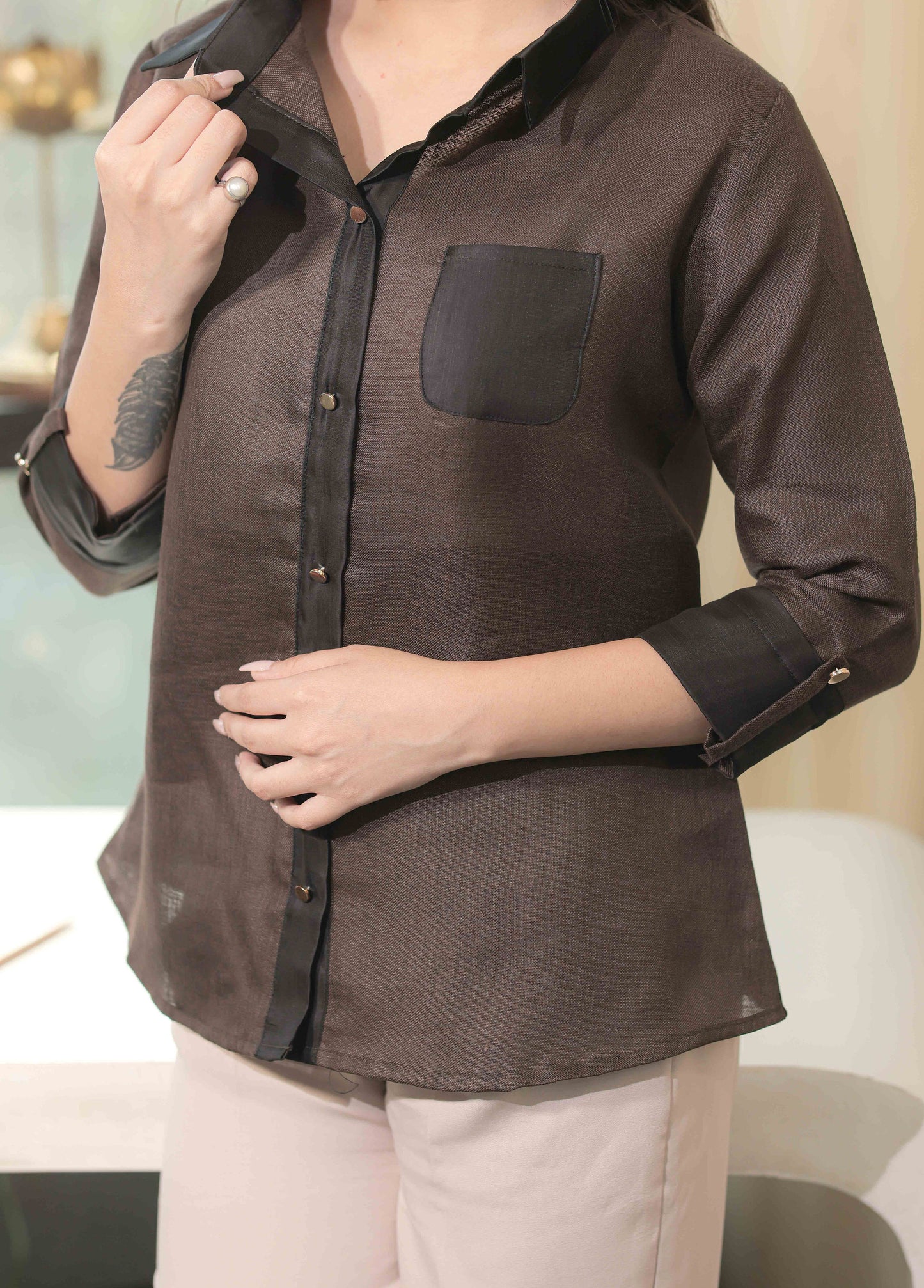 Brown linen shirt with satin black cuffs & collar-Esseneur