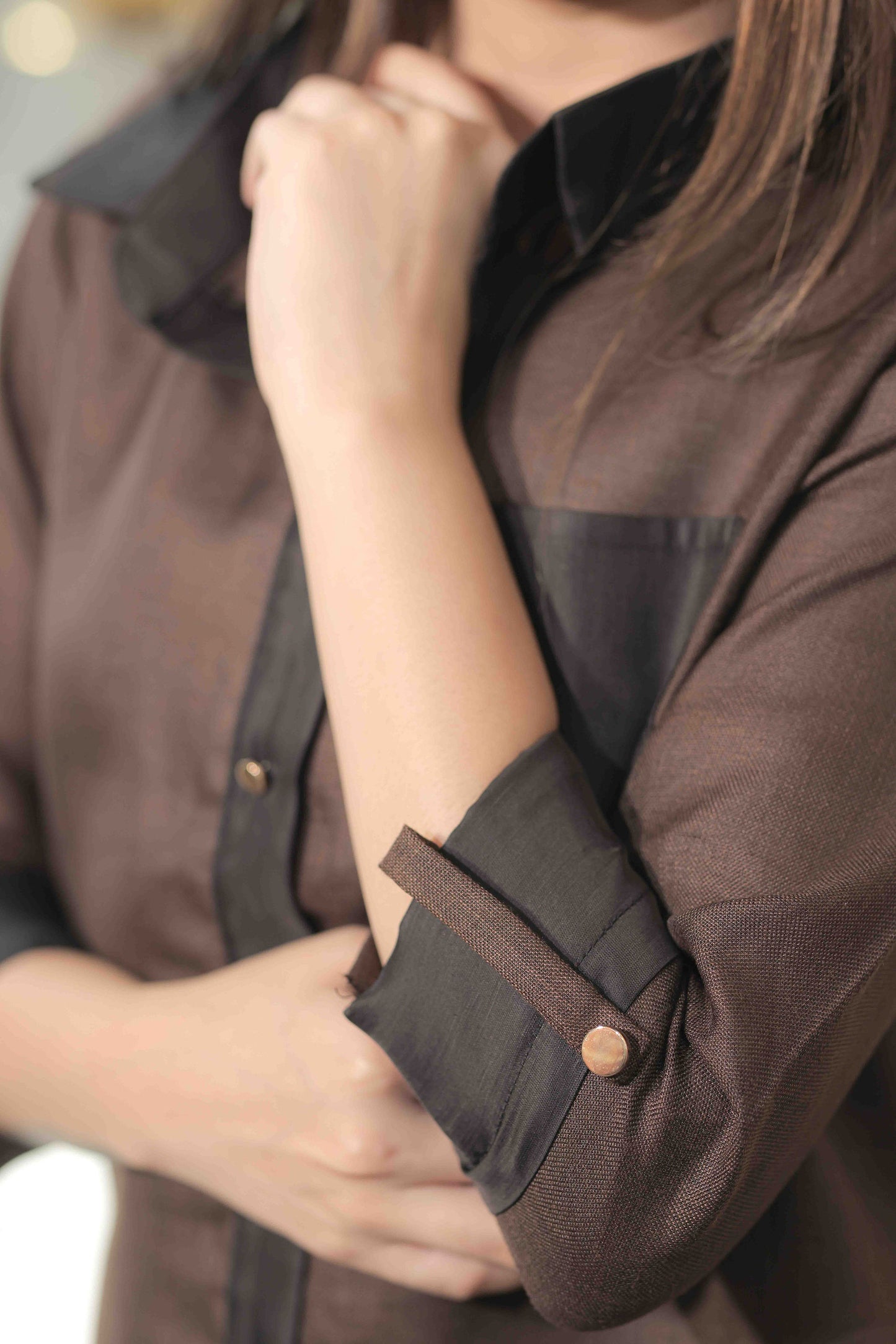 Brown linen shirt with satin black cuffs & collar-Esseneur