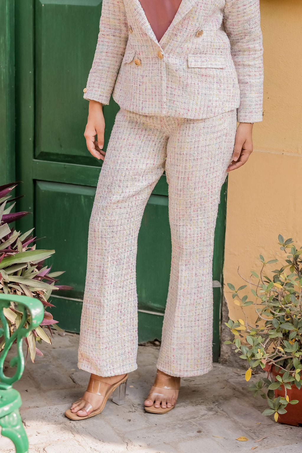 Colourful tweed fabric coat with gold buttons detailing & Pants Co ord set EWCO0042-CLRPT